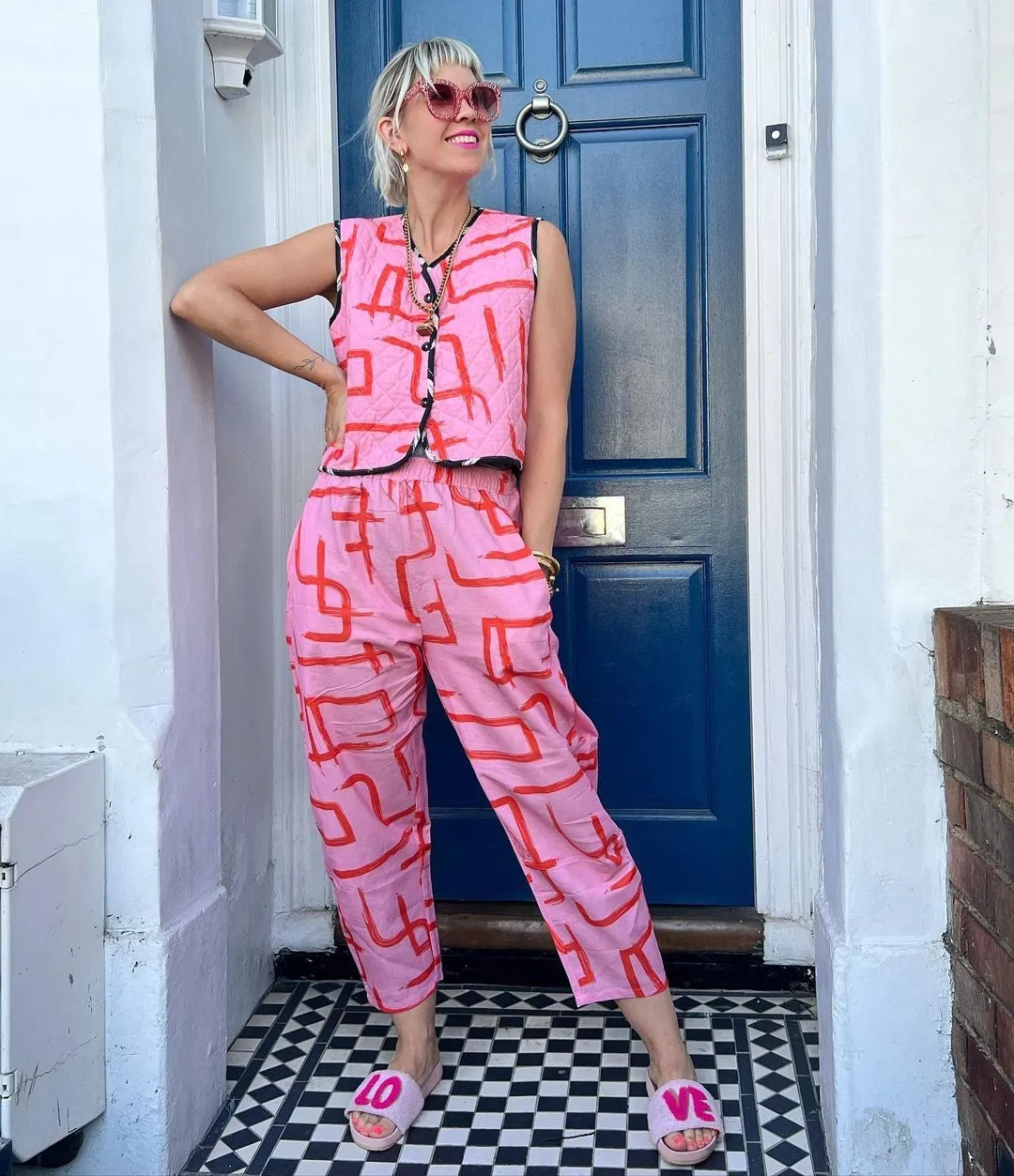 Organic Cotton & Linen Pink & Red Elasticated Waists Trousers by Wild Clouds