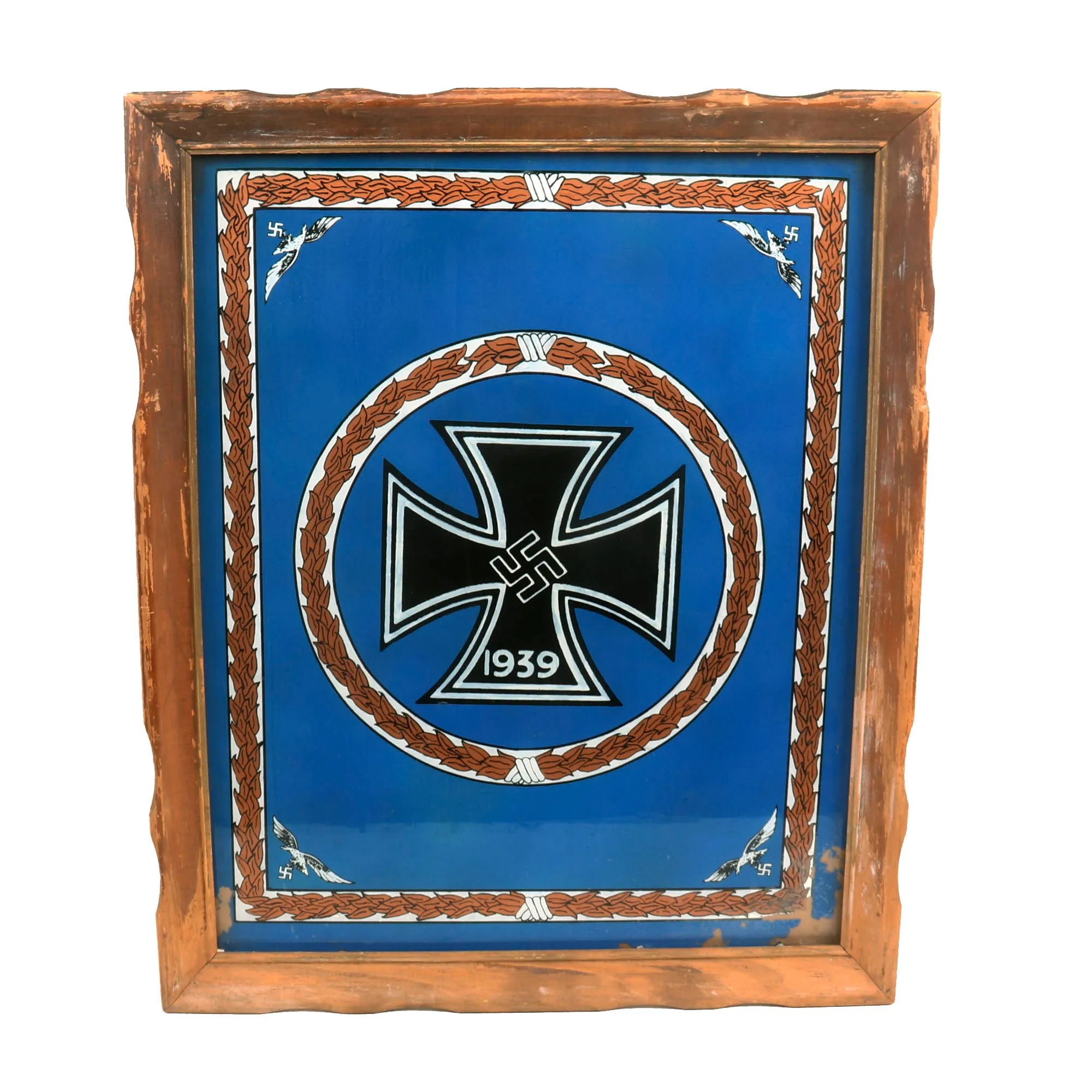 Original German WWII Framed Glass Luftwaffe Iron Cross Painting - Similar to Standard of the Reichsmarschall 1941-1945 - 18½” x 22¼”