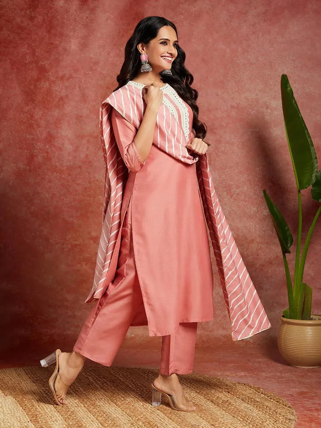 Peach Yoke Design Silk Blend Straight Suit With Dupatta