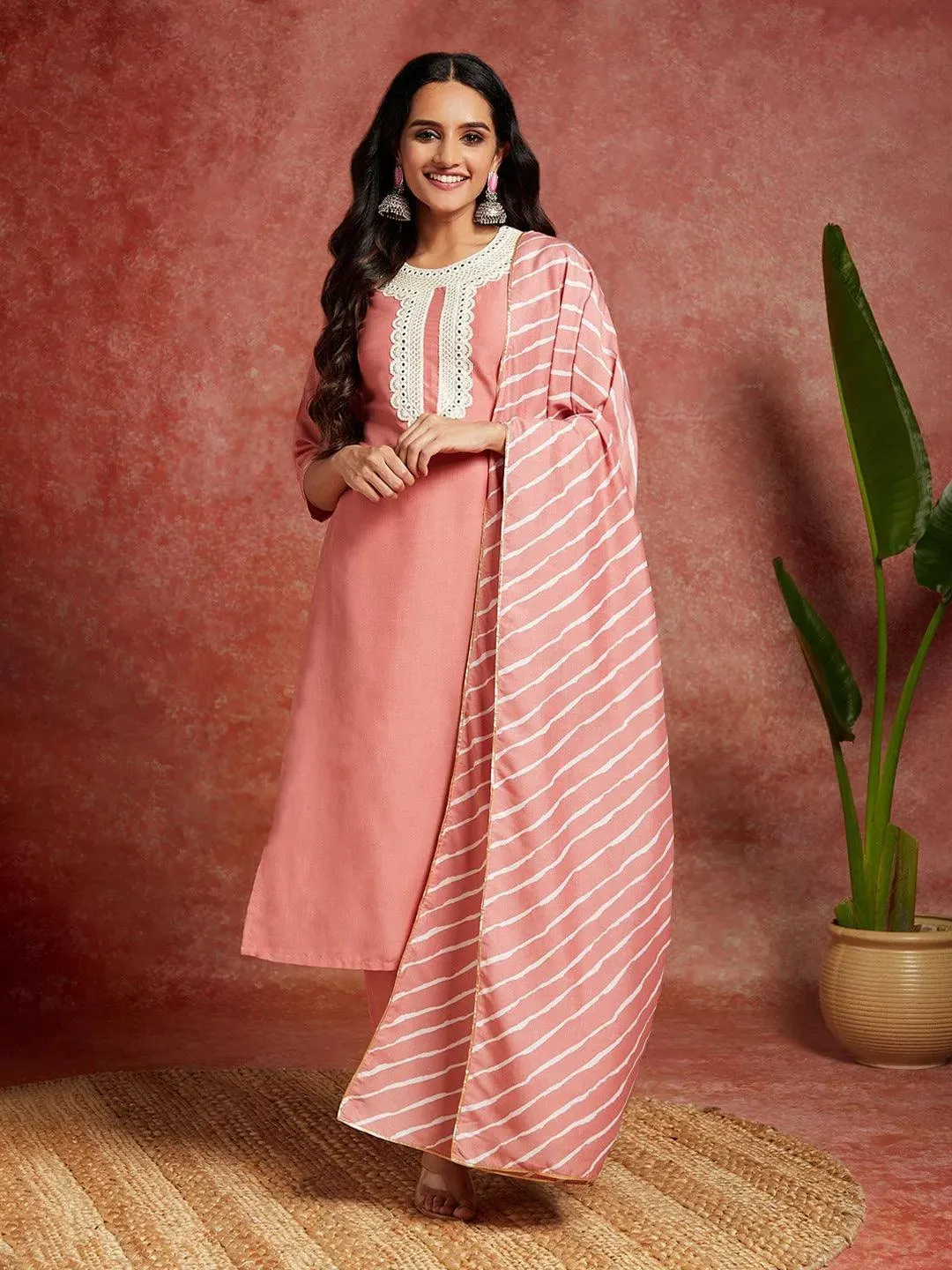 Peach Yoke Design Silk Blend Straight Suit With Dupatta