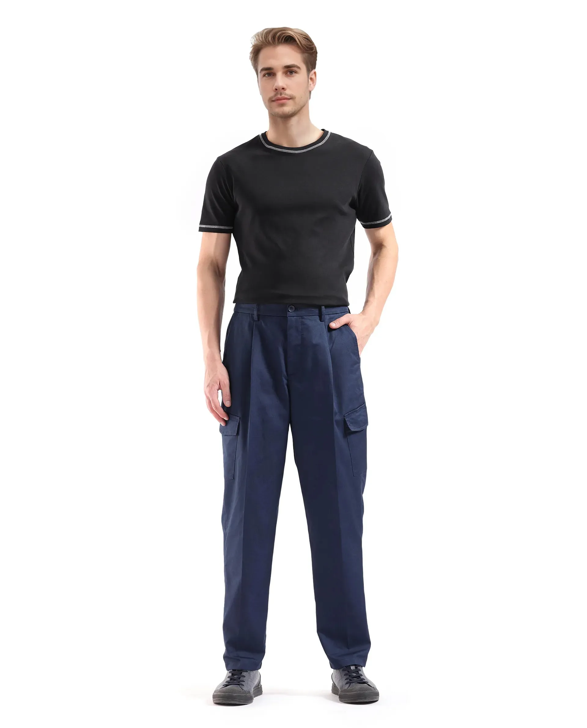 Rare Rabbit Men Eber Navy Button Closure Regular Fit Plain Pleated Trouser