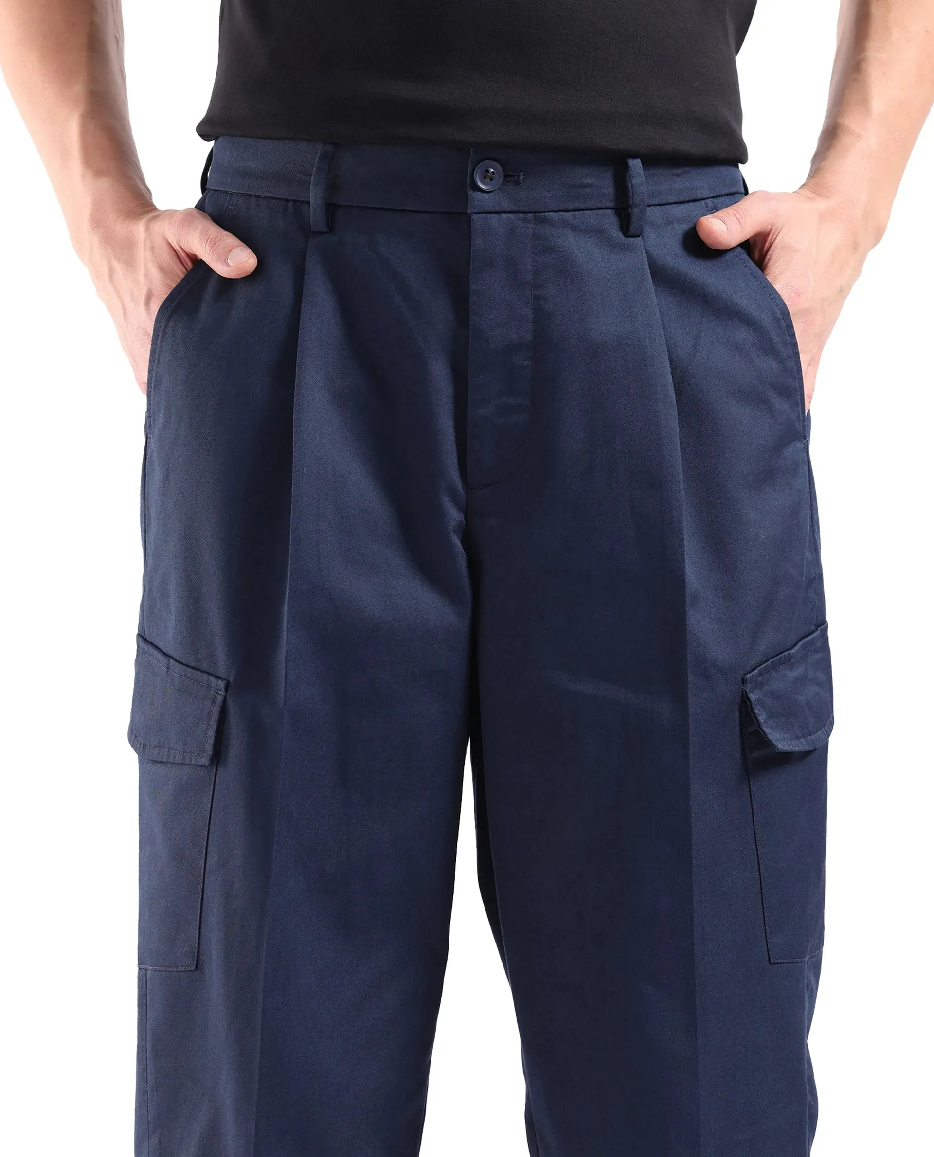 Rare Rabbit Men Eber Navy Button Closure Regular Fit Plain Pleated Trouser