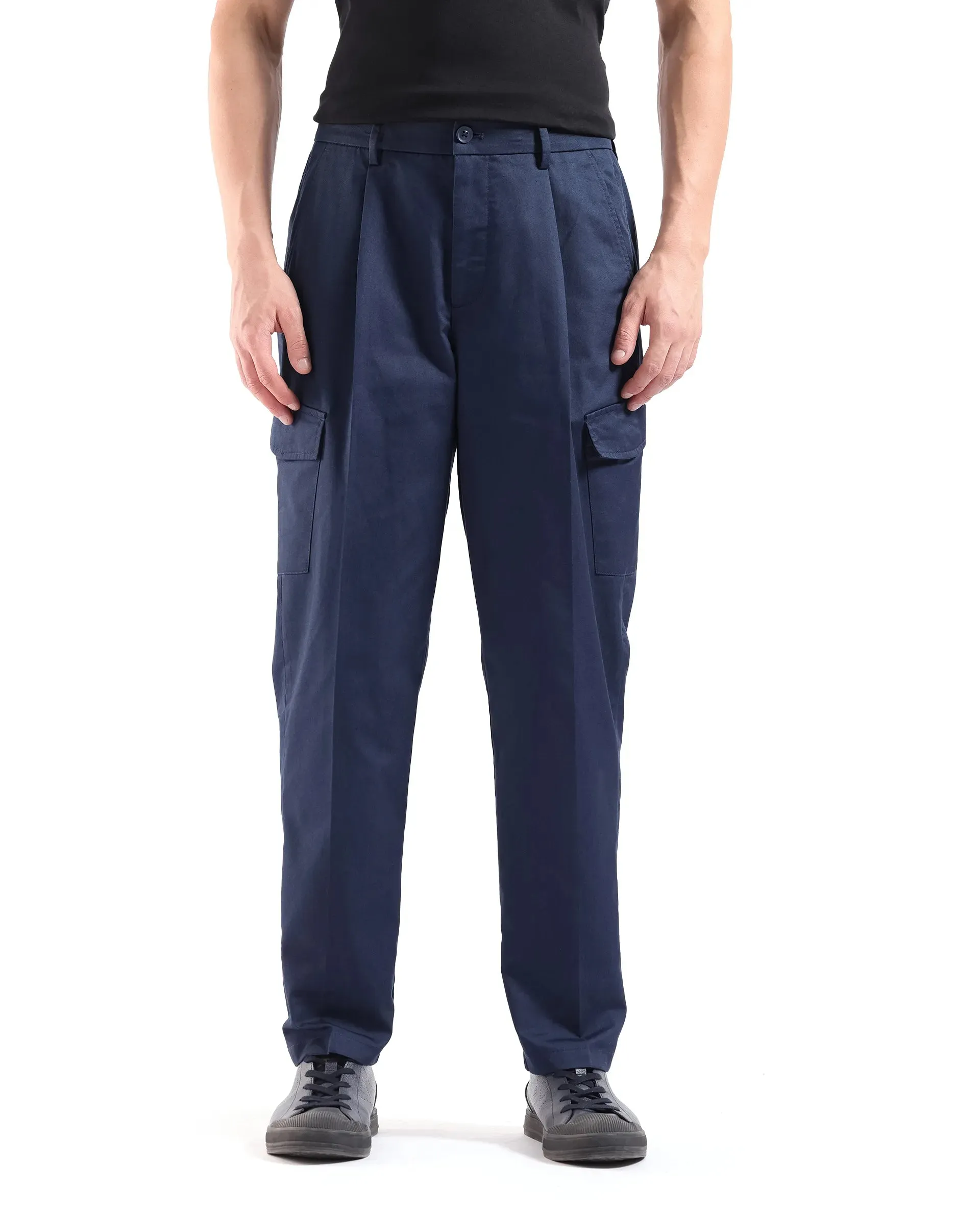 Rare Rabbit Men Eber Navy Button Closure Regular Fit Plain Pleated Trouser