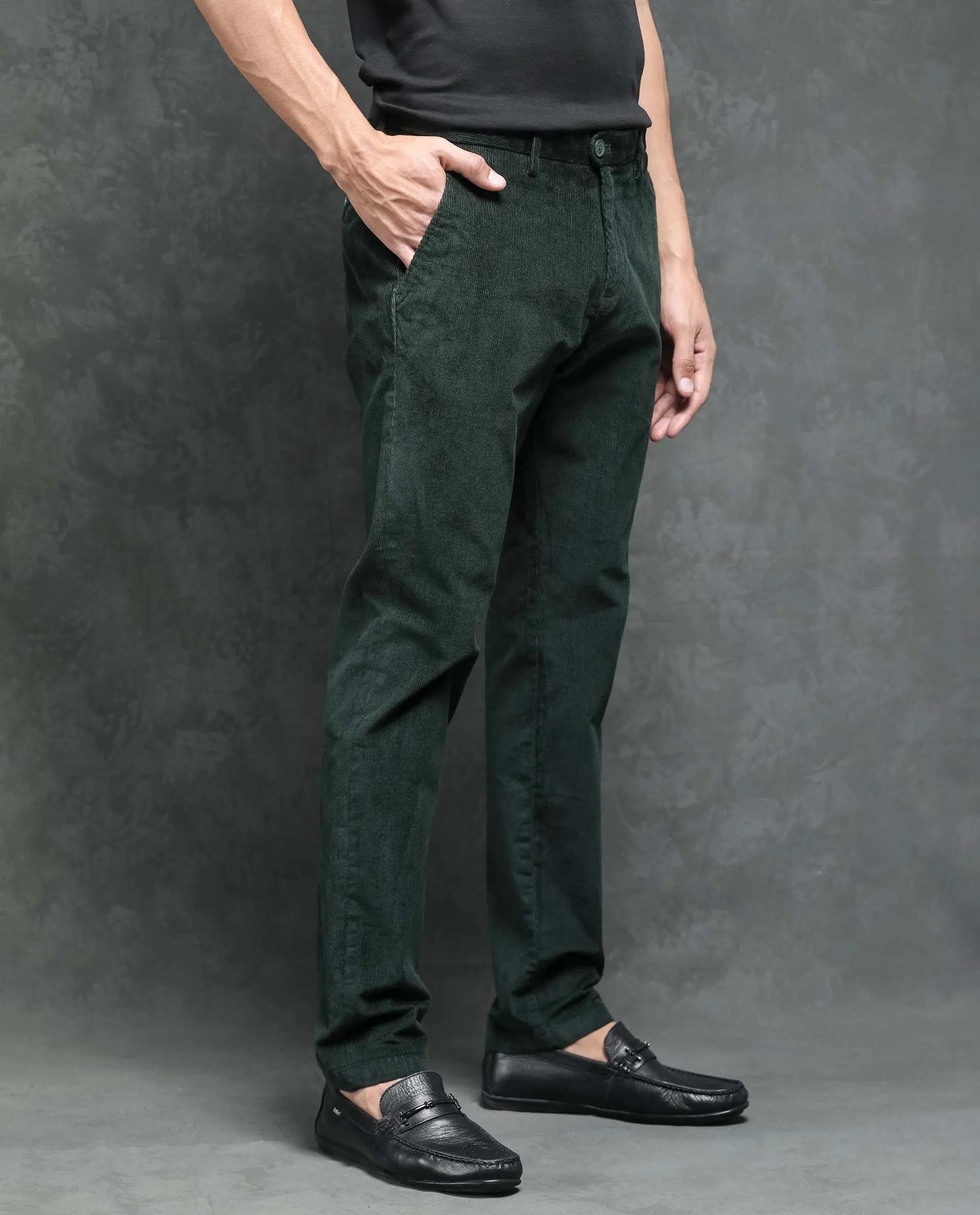 Rare Rabbit Men's Upton Dark Green Mid-Rise Regular Fit Corduroy Trousers