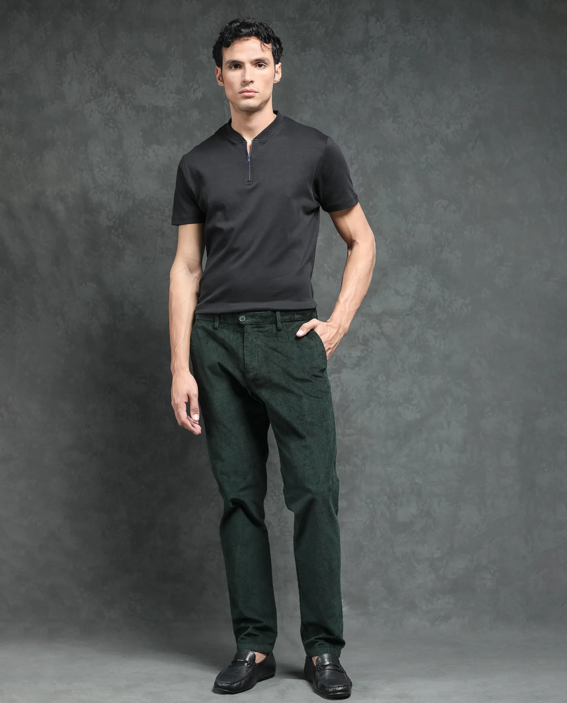 Rare Rabbit Men's Upton Dark Green Mid-Rise Regular Fit Corduroy Trousers