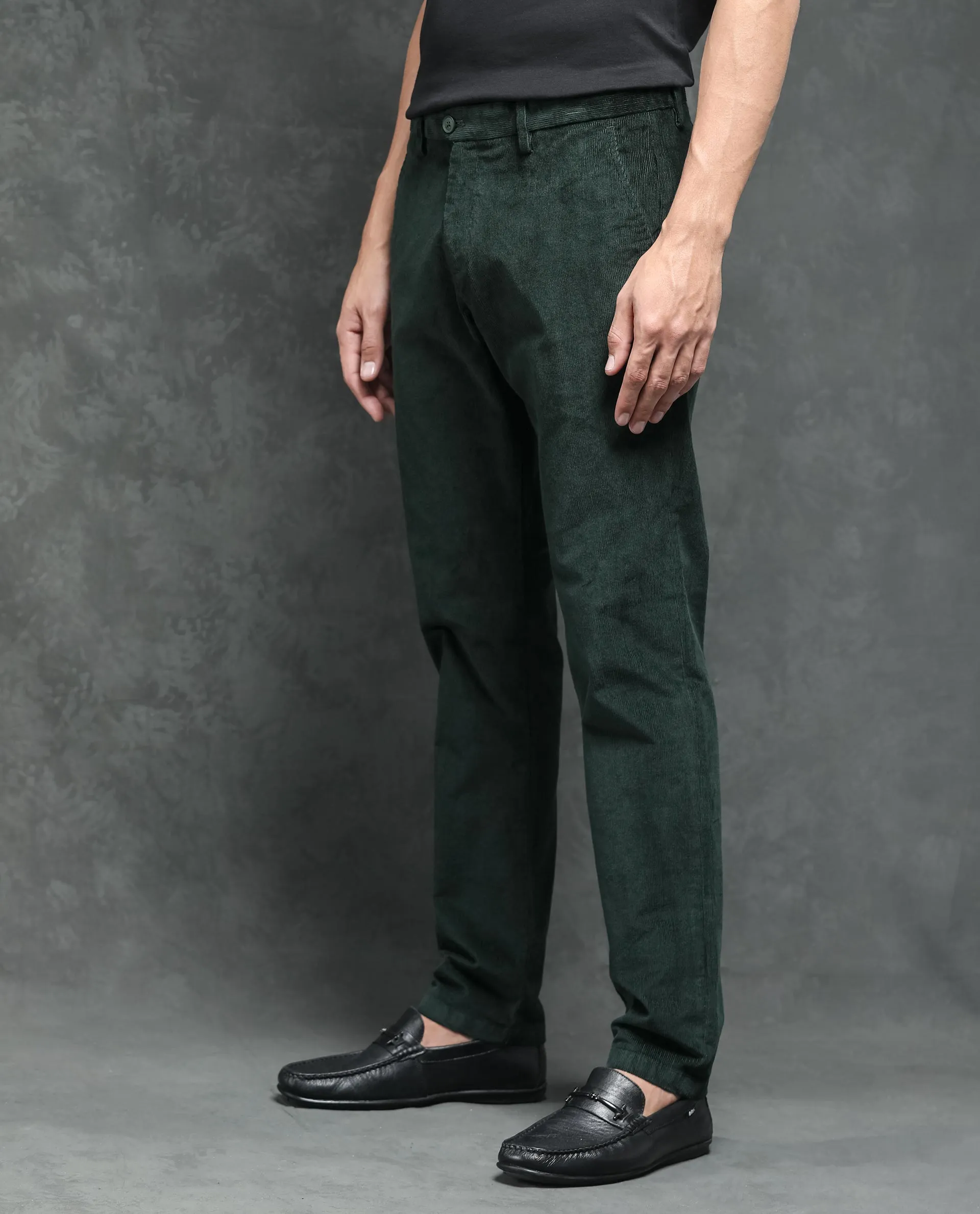 Rare Rabbit Men's Upton Dark Green Mid-Rise Regular Fit Corduroy Trousers