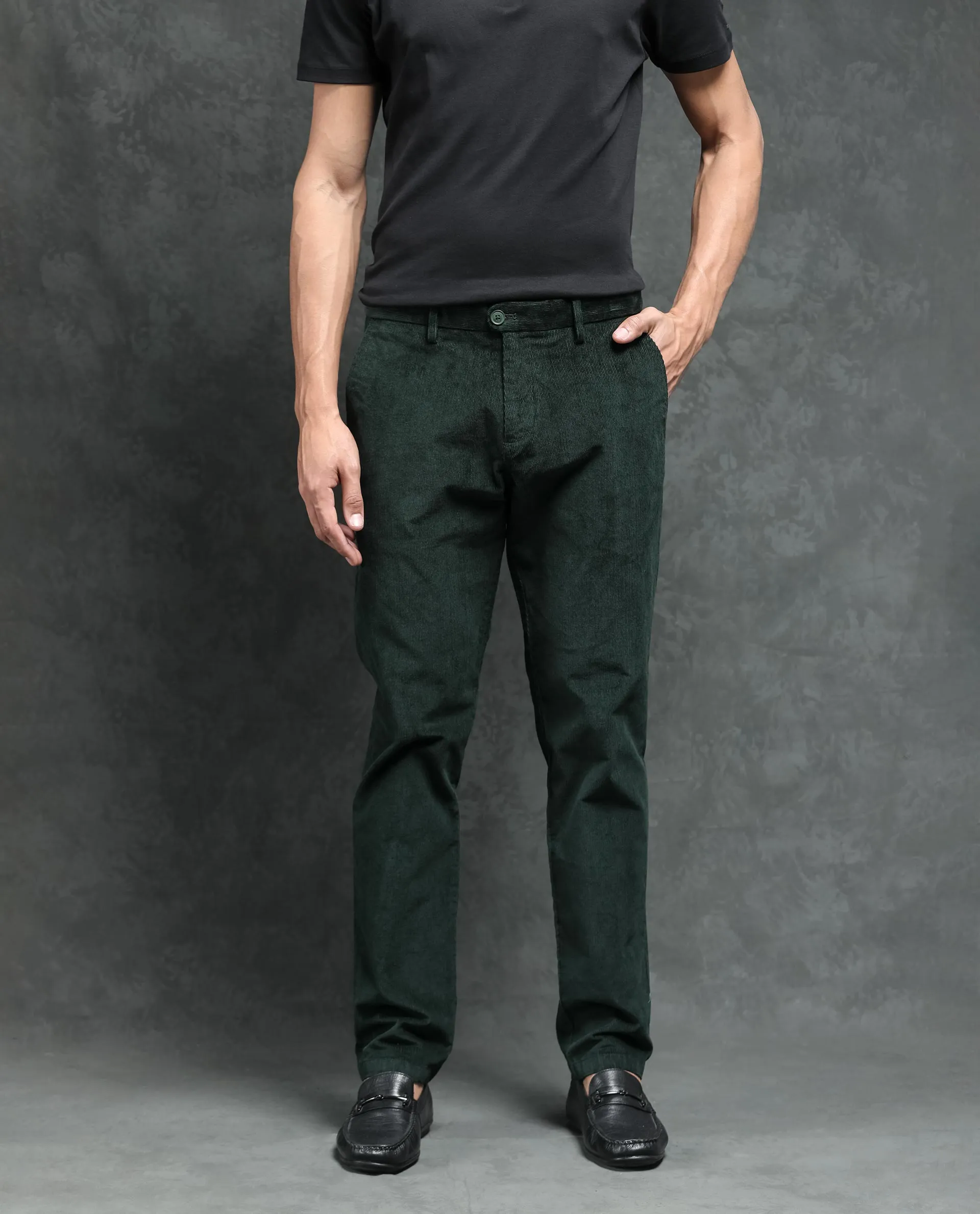 Rare Rabbit Men's Upton Dark Green Mid-Rise Regular Fit Corduroy Trousers