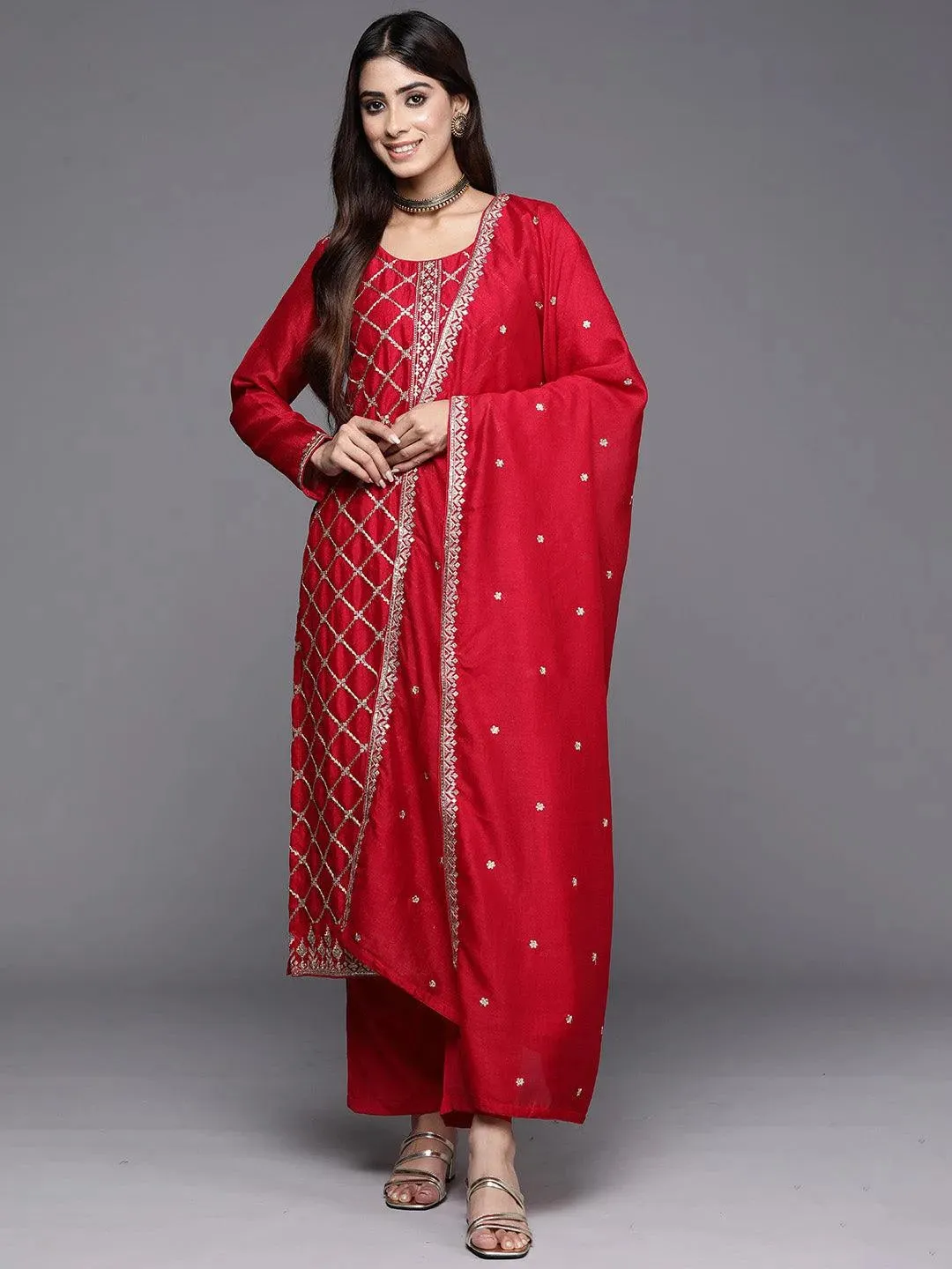 Red Embroidered Silk Blend Straight Suit With Dupatta