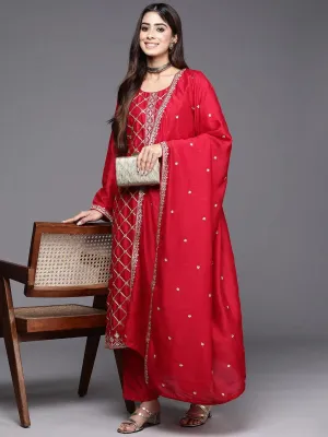 Red Embroidered Silk Blend Straight Suit With Dupatta