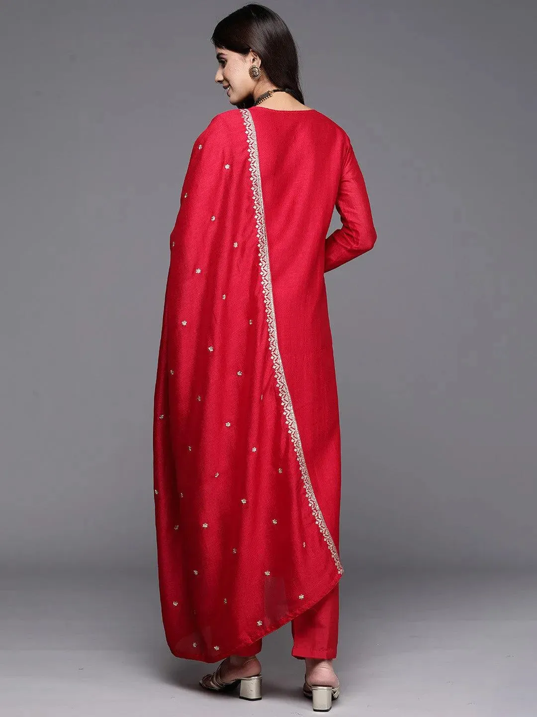 Red Embroidered Silk Blend Straight Suit With Dupatta