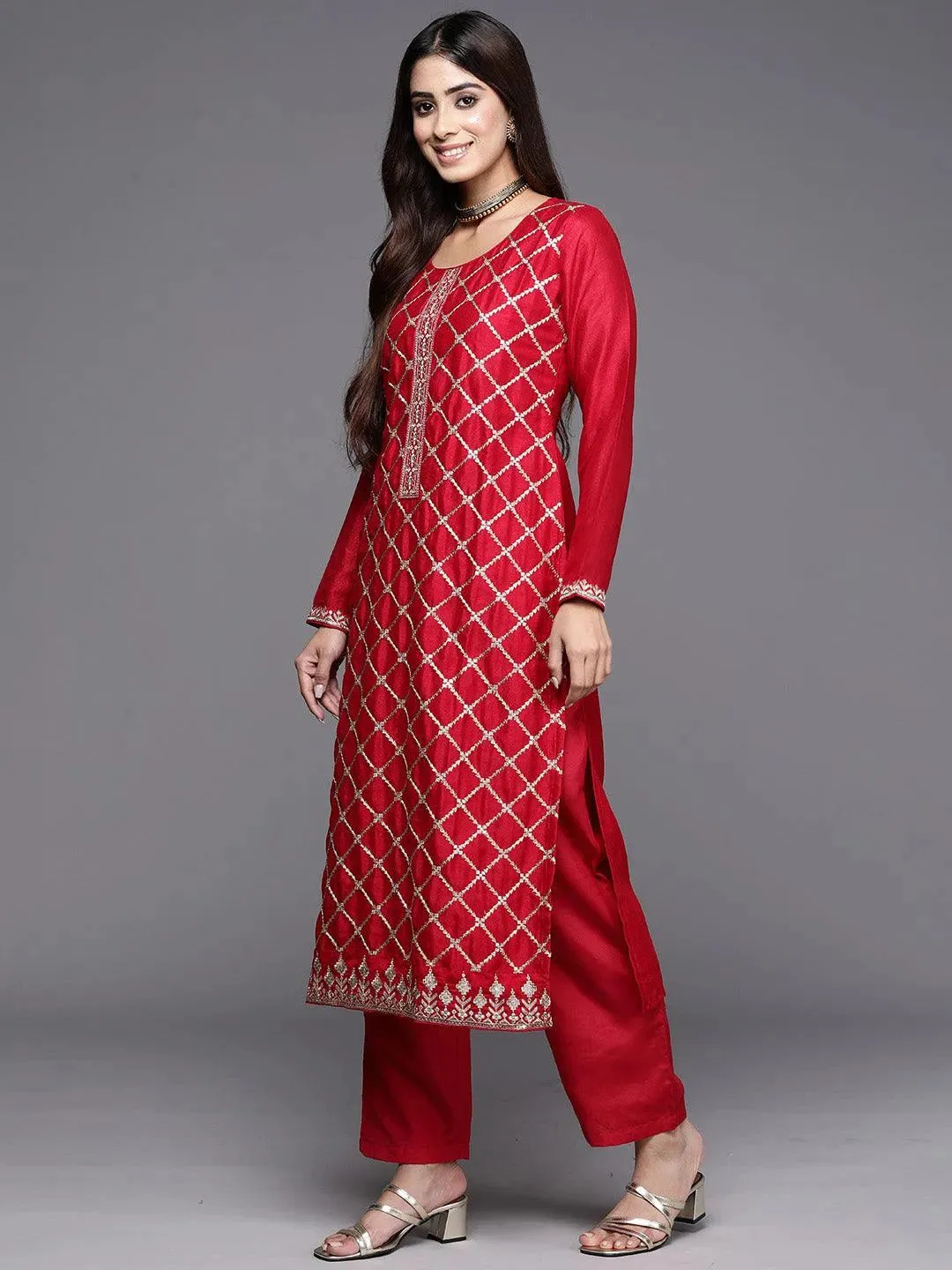 Red Embroidered Silk Blend Straight Suit With Dupatta