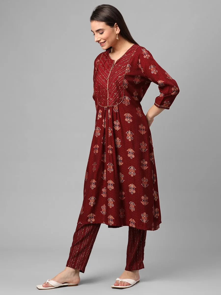 Red Floral Printed Kurta With Trouser