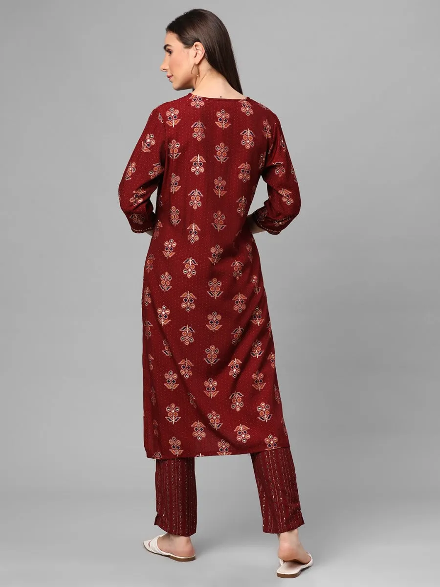 Red Floral Printed Kurta With Trouser