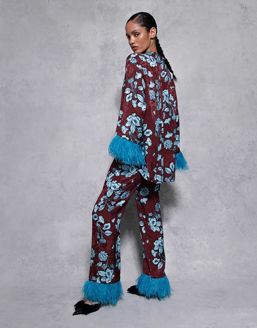 Romana Floral Jacquard Trouser - Glass Flower Blue