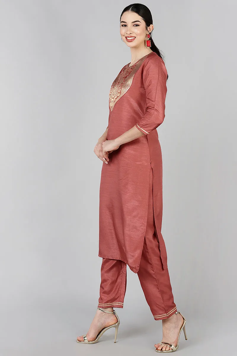 Rust Poly Silk Yoke Design Straight Suit Set