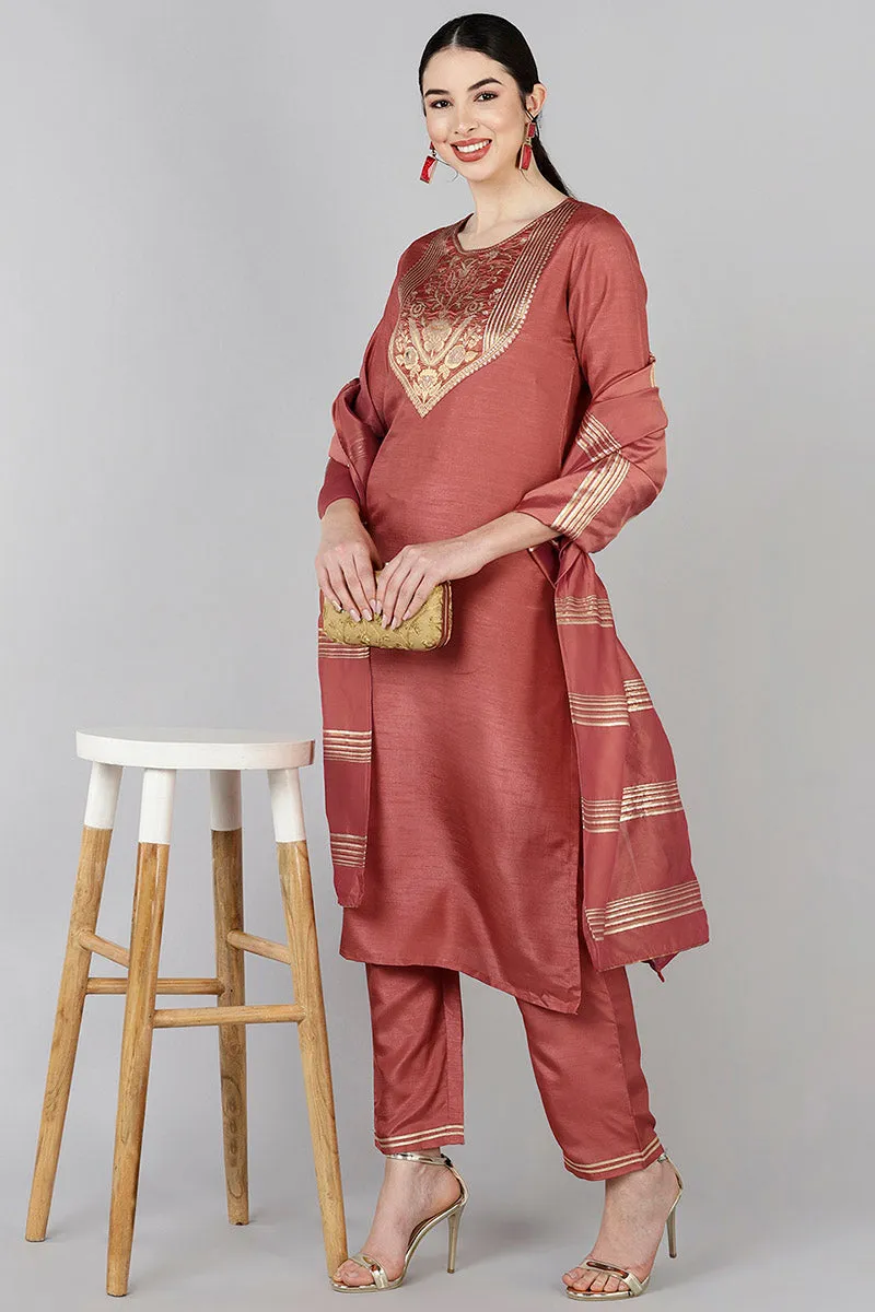 Rust Poly Silk Yoke Design Straight Suit Set