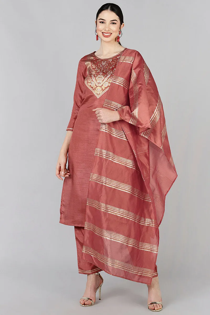 Rust Poly Silk Yoke Design Straight Suit Set