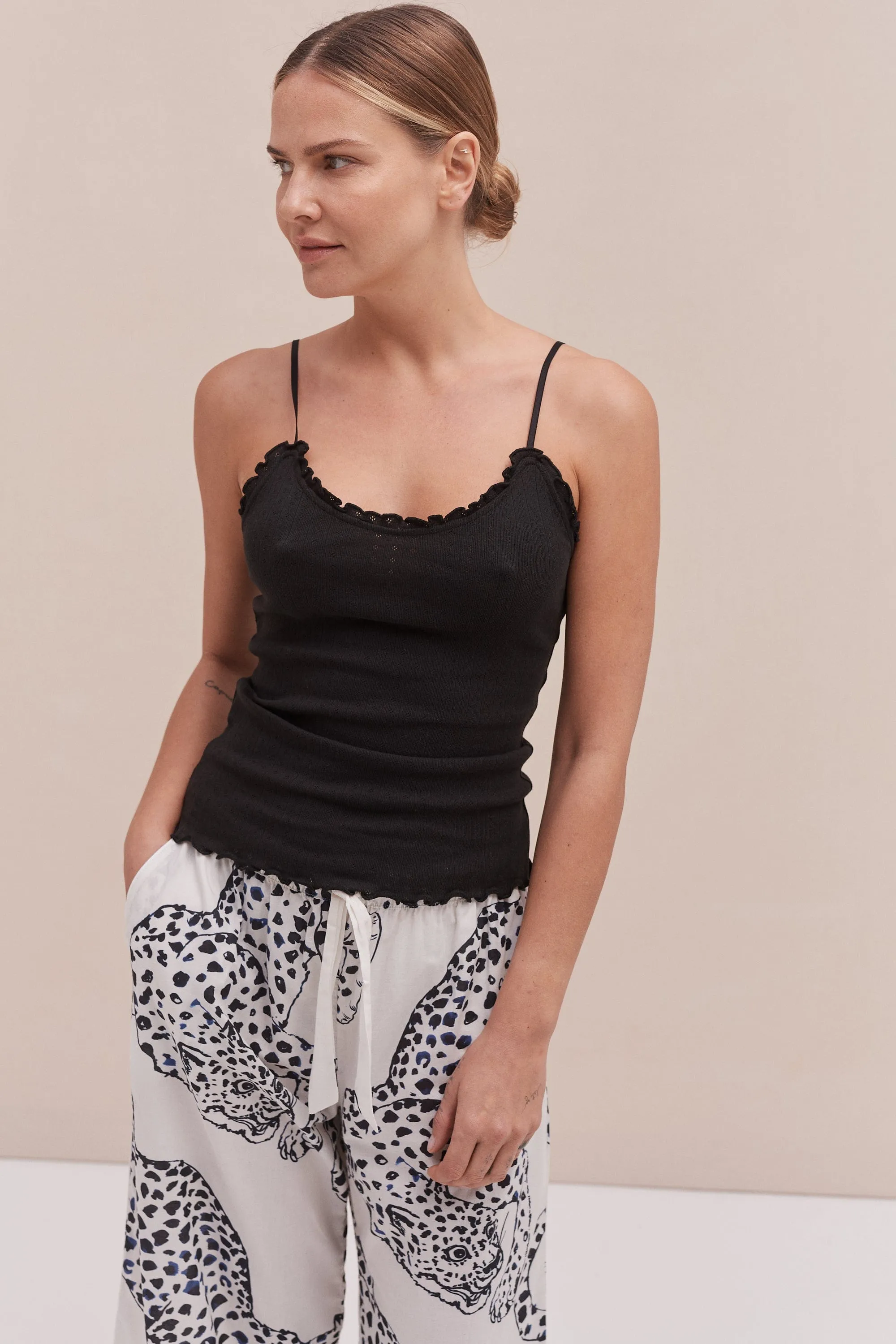 Soft V Tank Top & Wide Leg Trouser Set Black/The Jag Print Cream