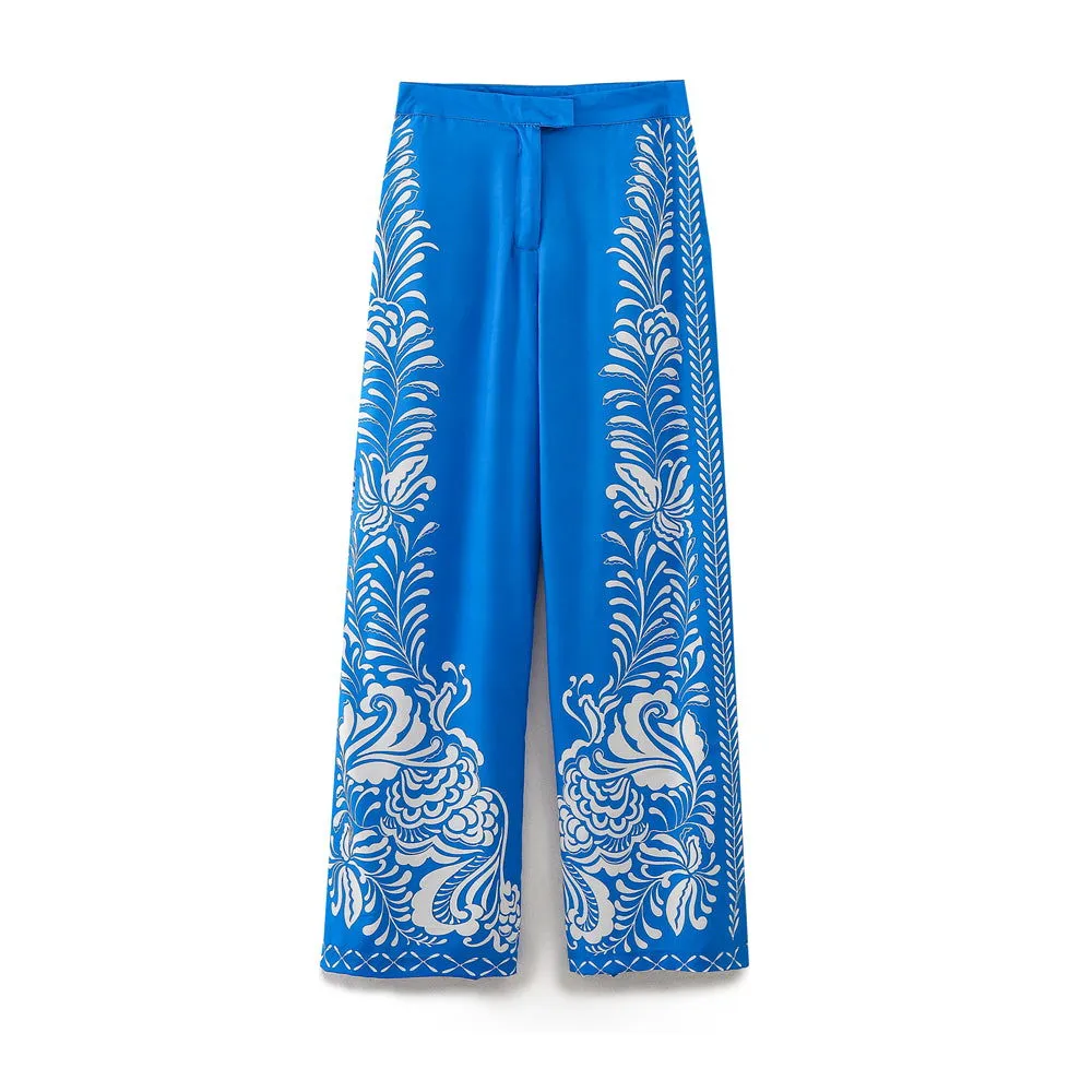 Spring Printed Silk Satin Texture Casual Trousers