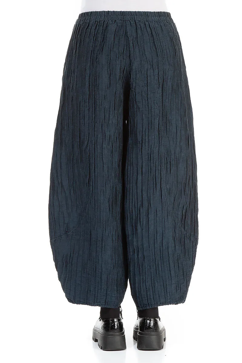 Taper Crinkled Midnight Blue Silk Linen Trousers