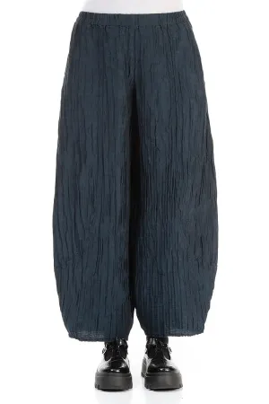 Taper Crinkled Midnight Blue Silk Linen Trousers