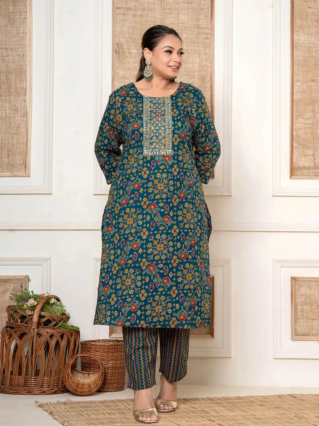 Teal Blue Cotton Printed Embroidered Plus Size Kurta Dupatta Set