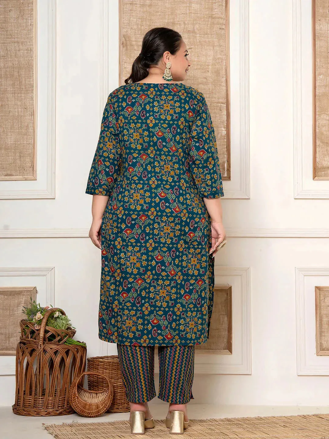 Teal Blue Cotton Printed Embroidered Plus Size Kurta Dupatta Set