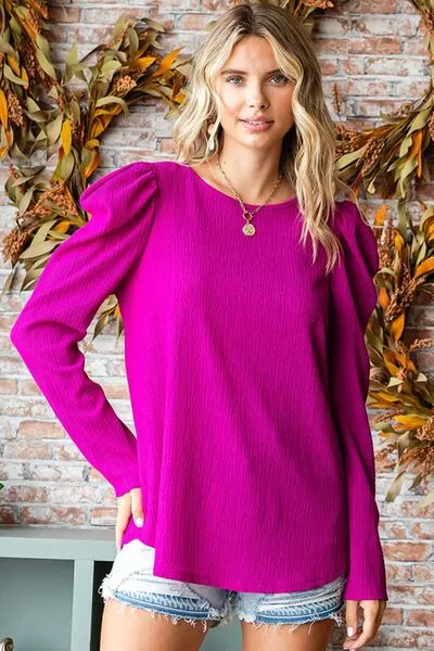 Texture Puff Sleeve Round Neck Blouse