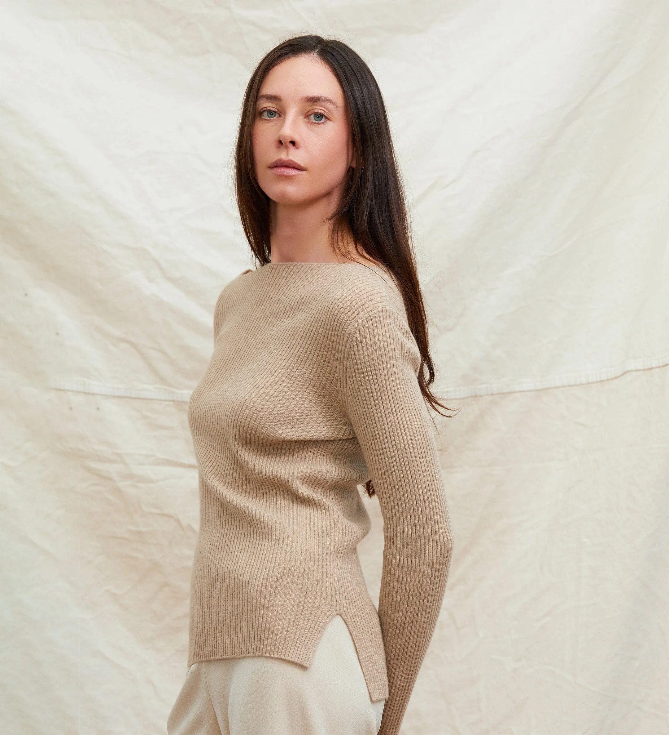 The Asymmetrical Off-Shoulder Cashmere Ribbed Sweater