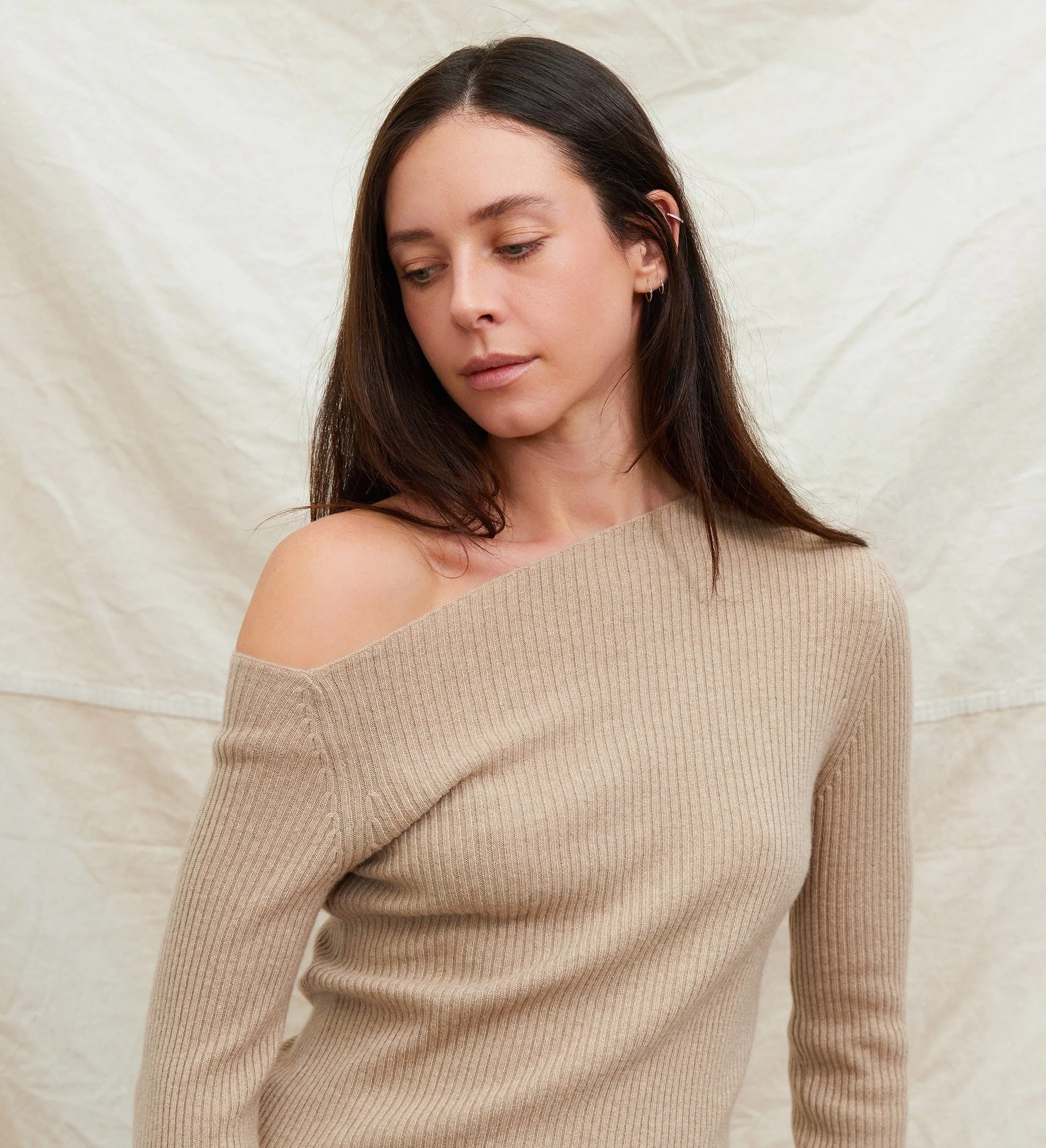 The Asymmetrical Off-Shoulder Cashmere Ribbed Sweater