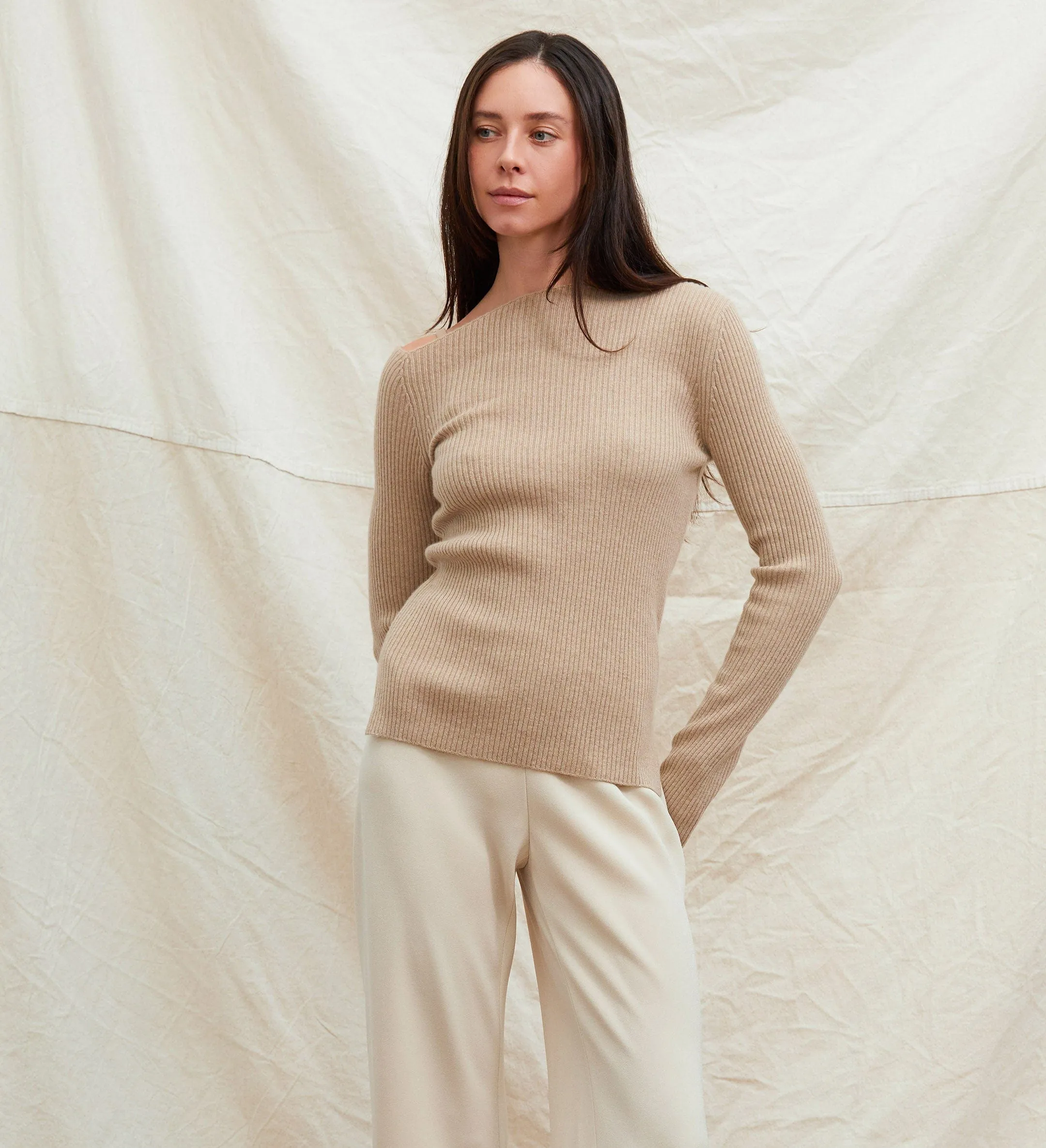 The Asymmetrical Off-Shoulder Cashmere Ribbed Sweater