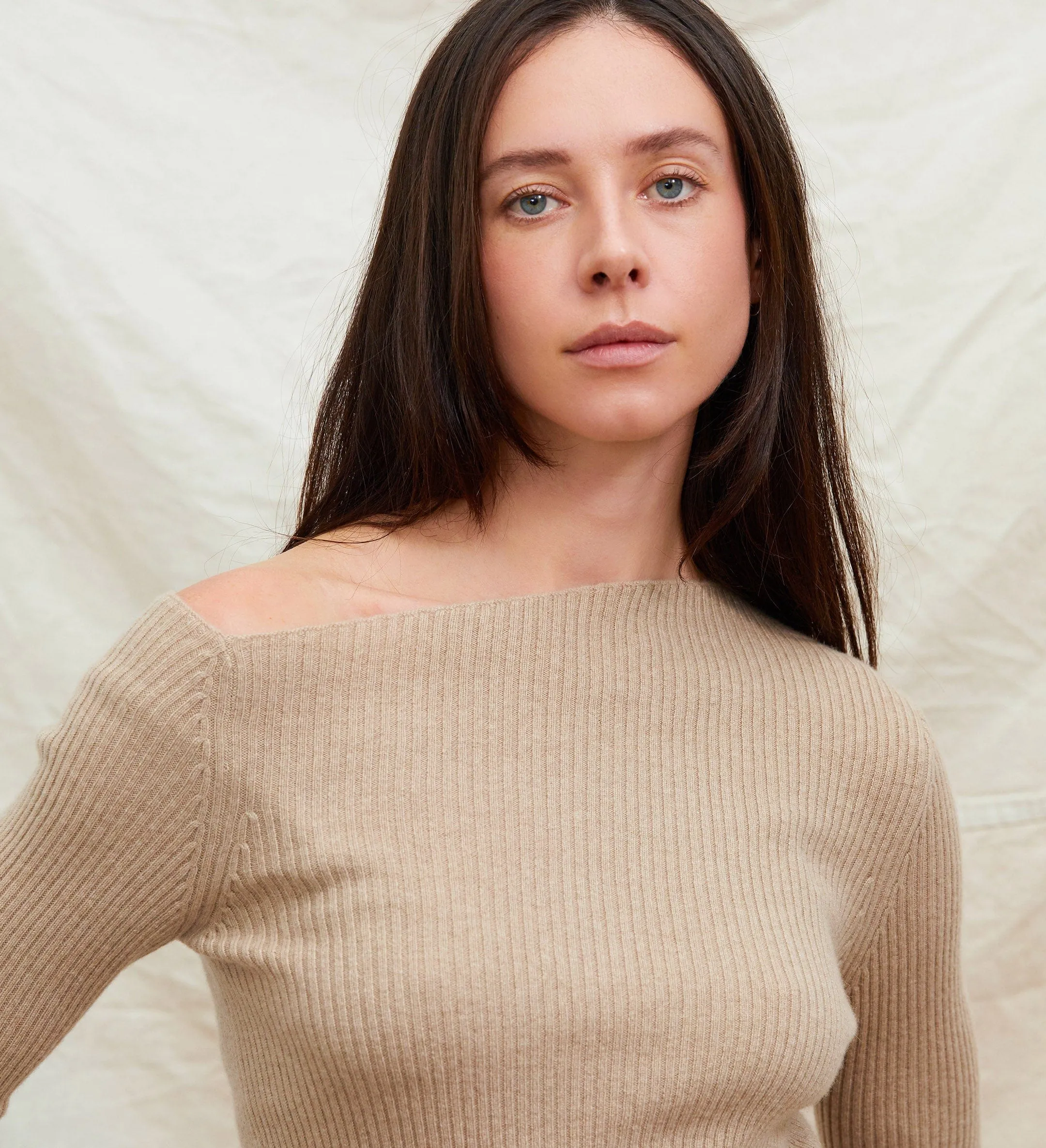 The Asymmetrical Off-Shoulder Cashmere Ribbed Sweater