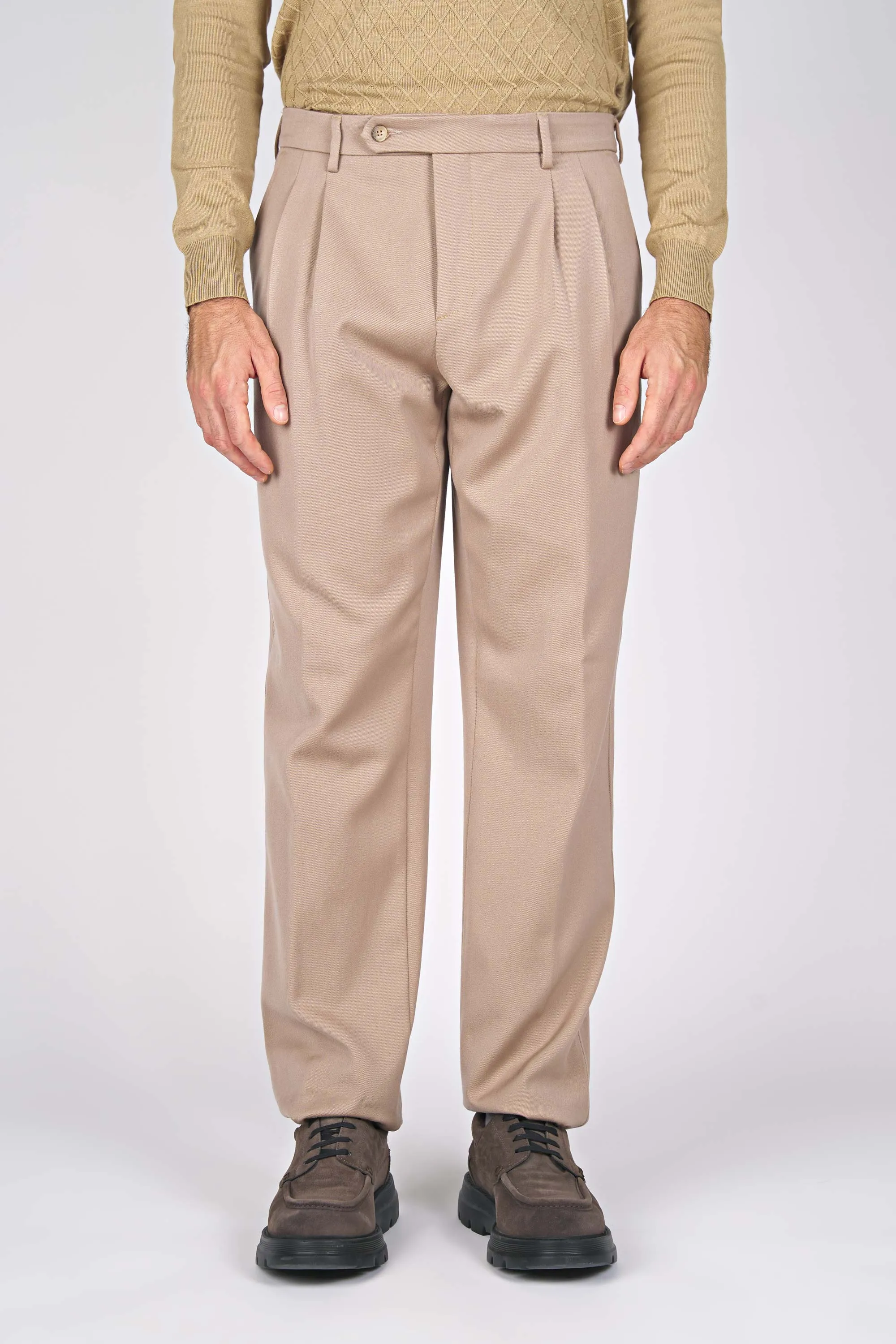 Twill Double-Pleat Wool & Cotton Trousers