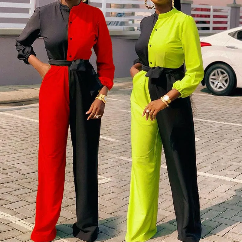 Two Tone Color Casual Jumpsuit Trousers for Women