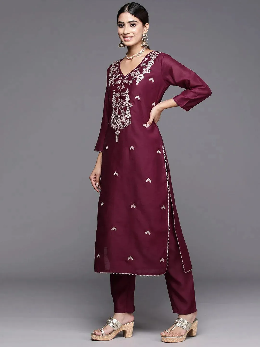 Wine Embroidered Chanderi Silk Straight Suit With Dupatta