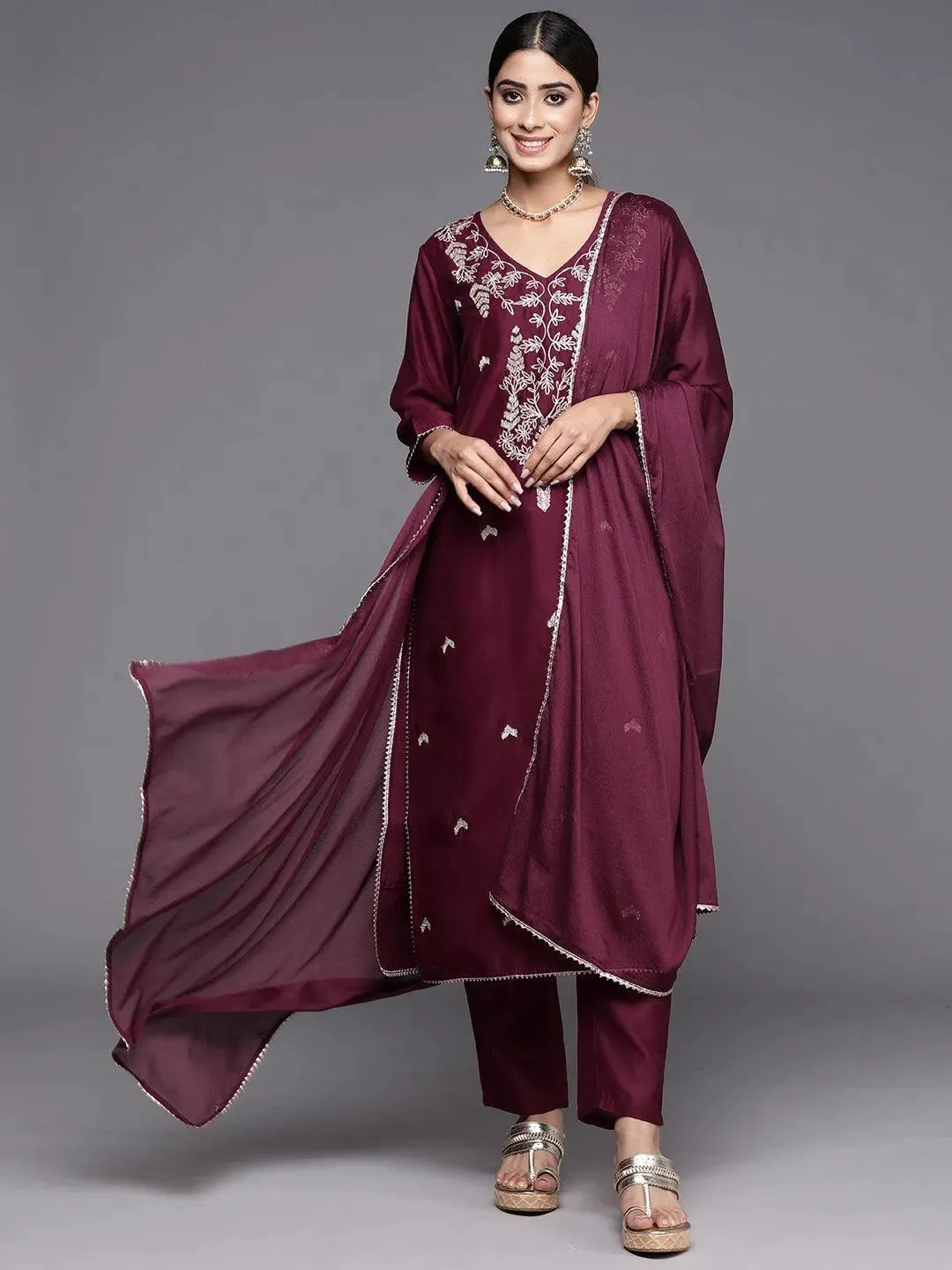 Wine Embroidered Chanderi Silk Straight Suit With Dupatta