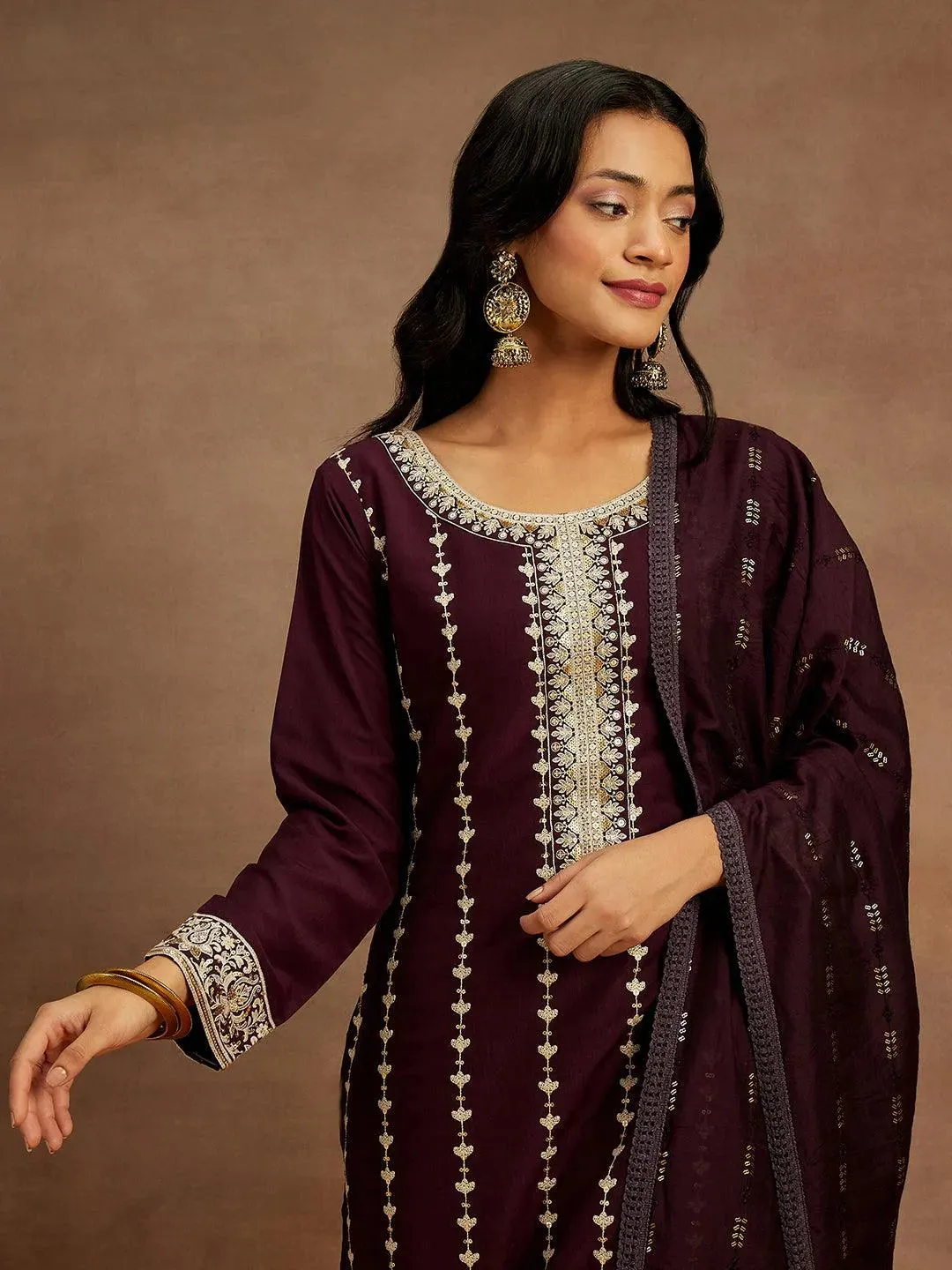 Wine Embroidered Silk Straight Suit With Dupatta