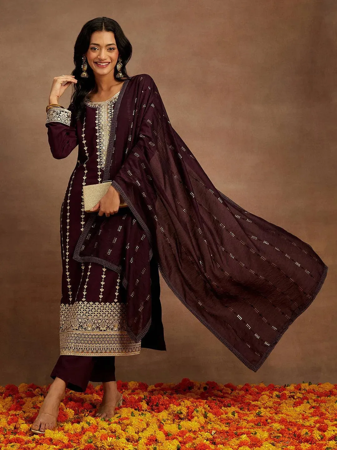 Wine Embroidered Silk Straight Suit With Dupatta