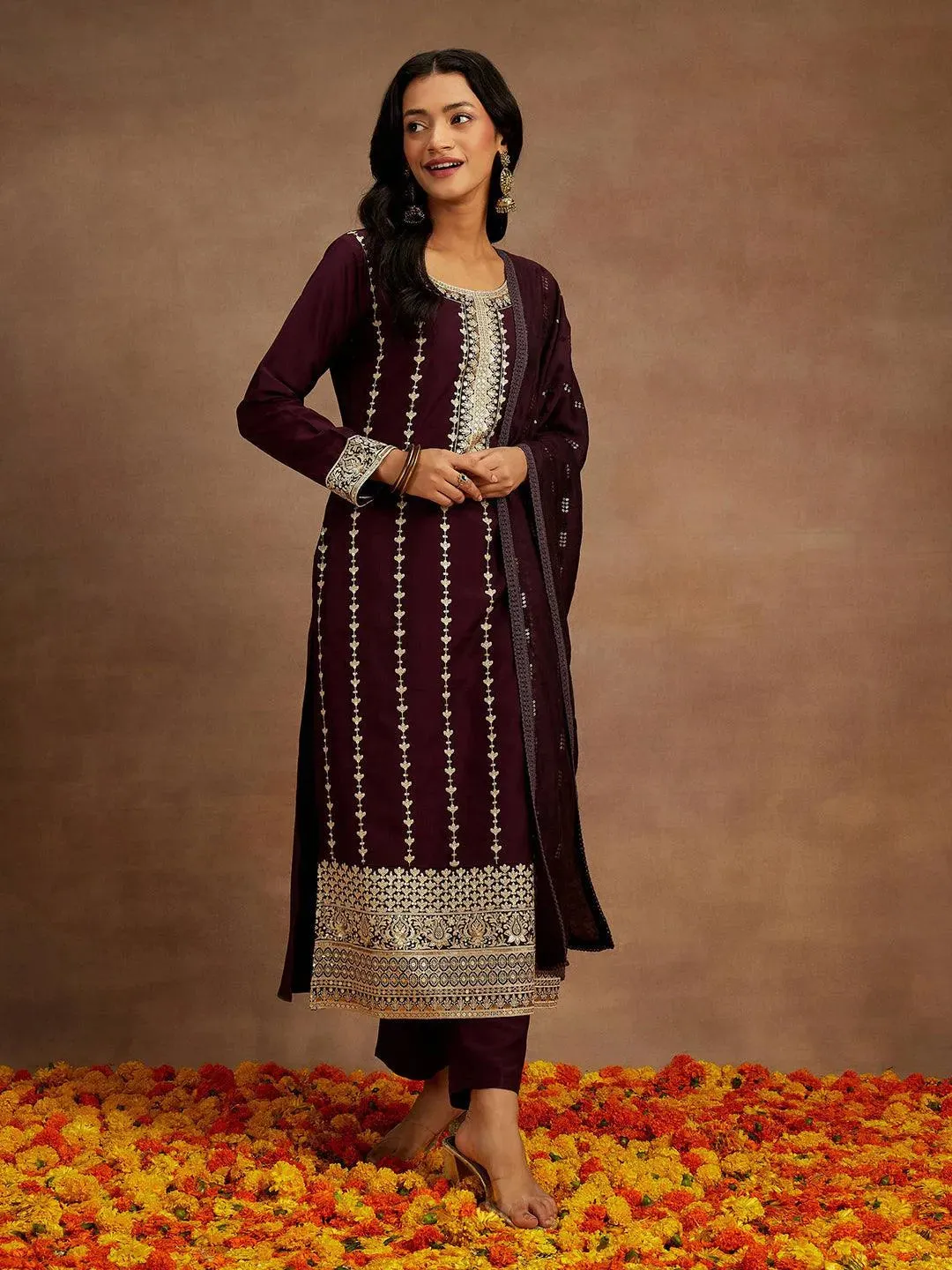 Wine Embroidered Silk Straight Suit With Dupatta