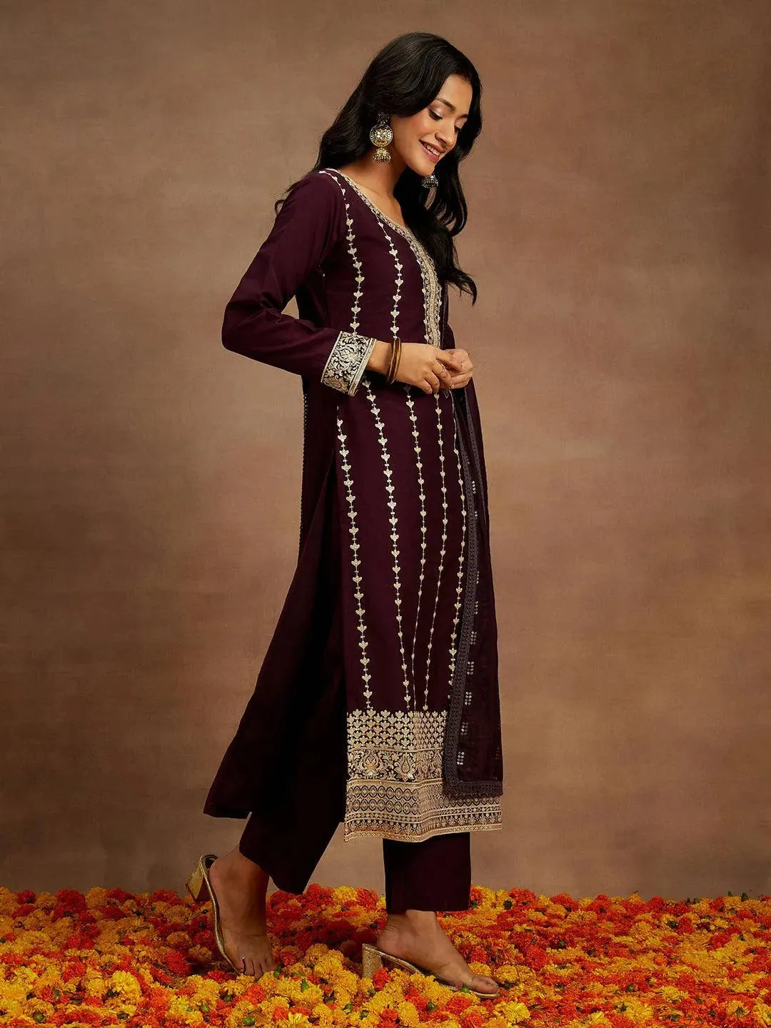 Wine Embroidered Silk Straight Suit With Dupatta