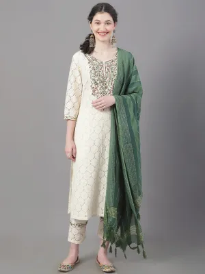 Women Floral Embroidered Mirror Work Pure Cotton Kurta With Trousers & Dupatta