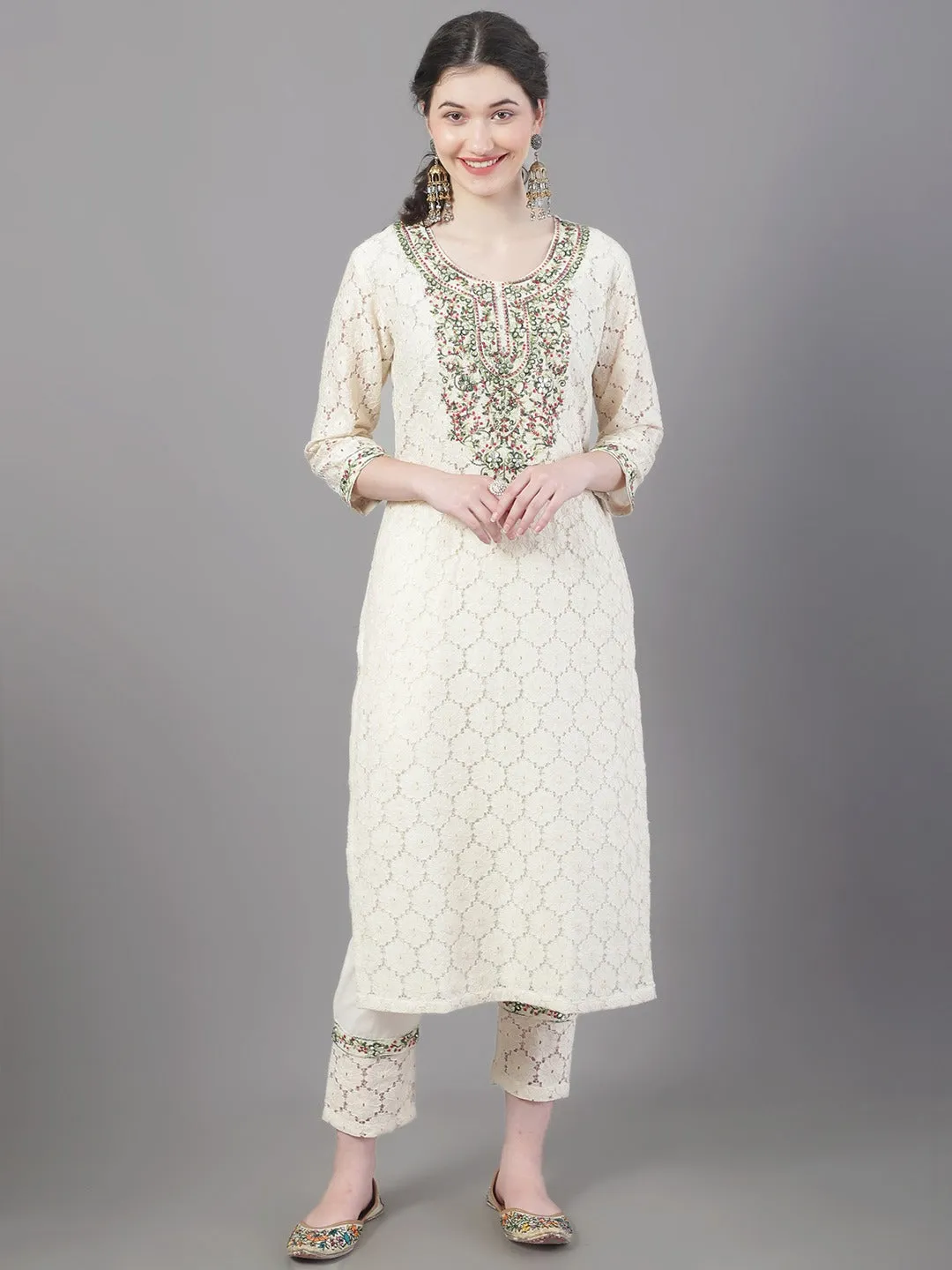 Women Floral Embroidered Mirror Work Pure Cotton Kurta With Trousers & Dupatta