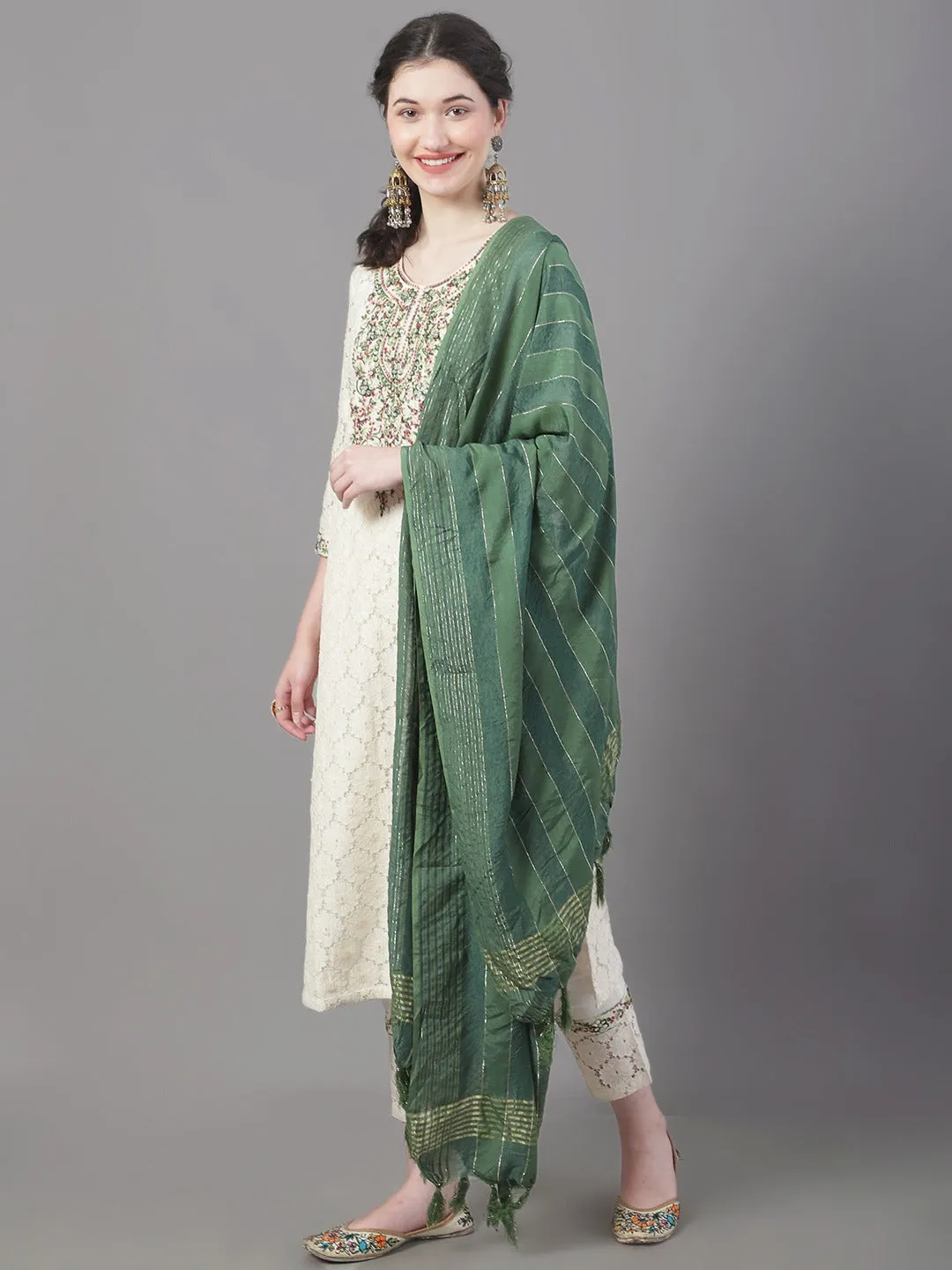 Women Floral Embroidered Mirror Work Pure Cotton Kurta With Trousers & Dupatta