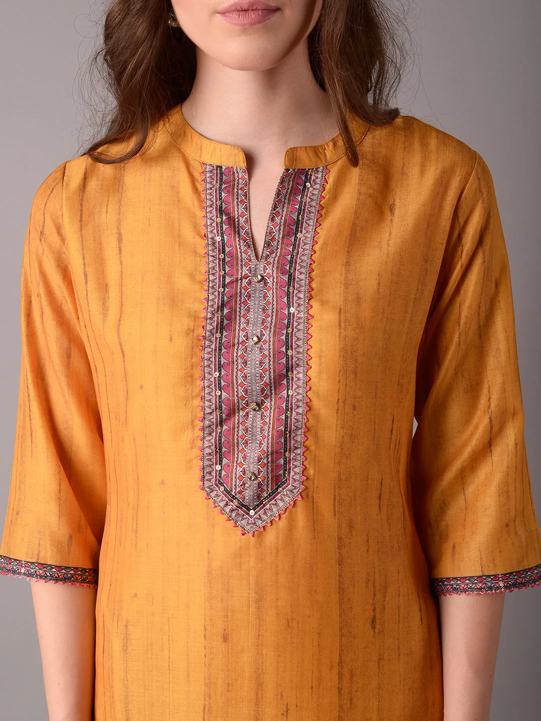 Women Mustard Texture Printed Kurta Trouser Dupatta