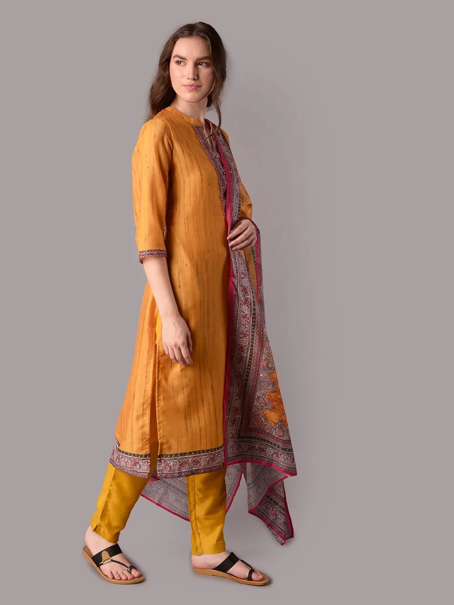 Women Mustard Texture Printed Kurta Trouser Dupatta