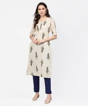 Women Off-White & Navy Blue Printed Kurta With Trousers