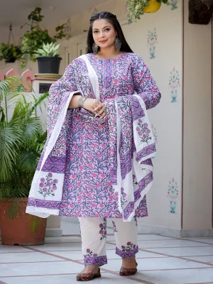 Women Plus Size Lavender Pure Cotton Kurta Set With Dupatta