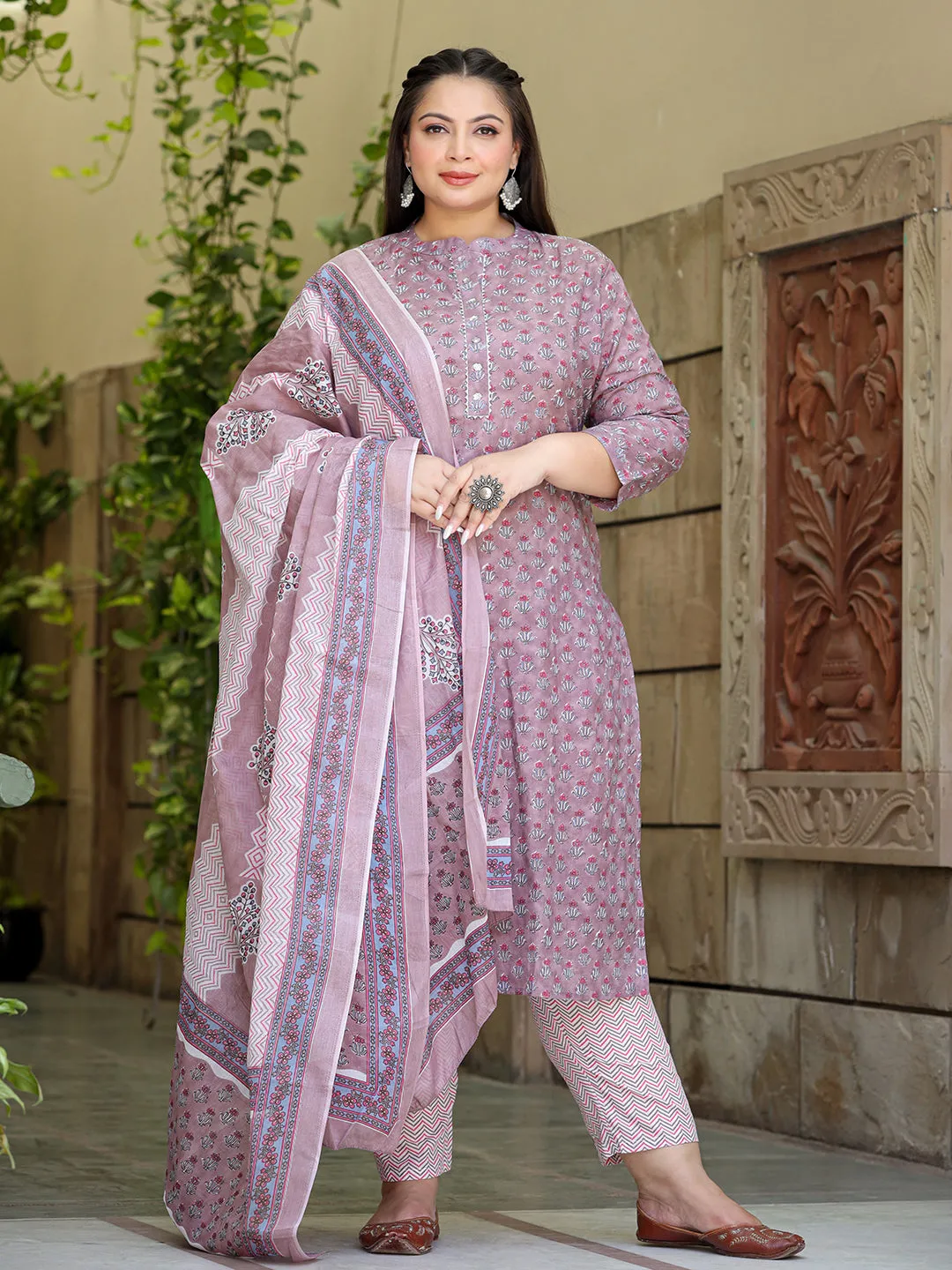 Women Plus Size Purple Cotton Kurta Set With Dupatta