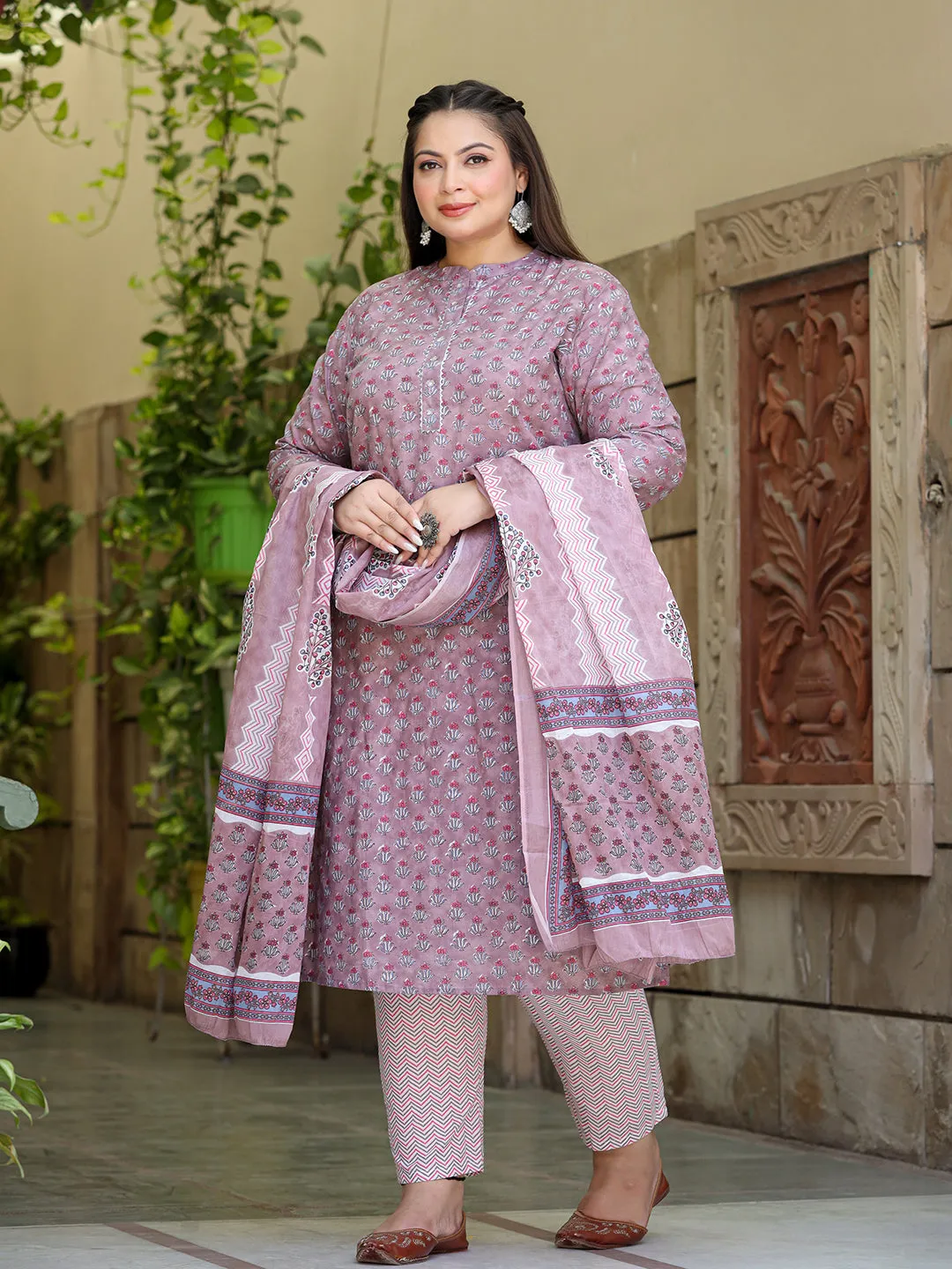 Women Plus Size Purple Cotton Kurta Set With Dupatta