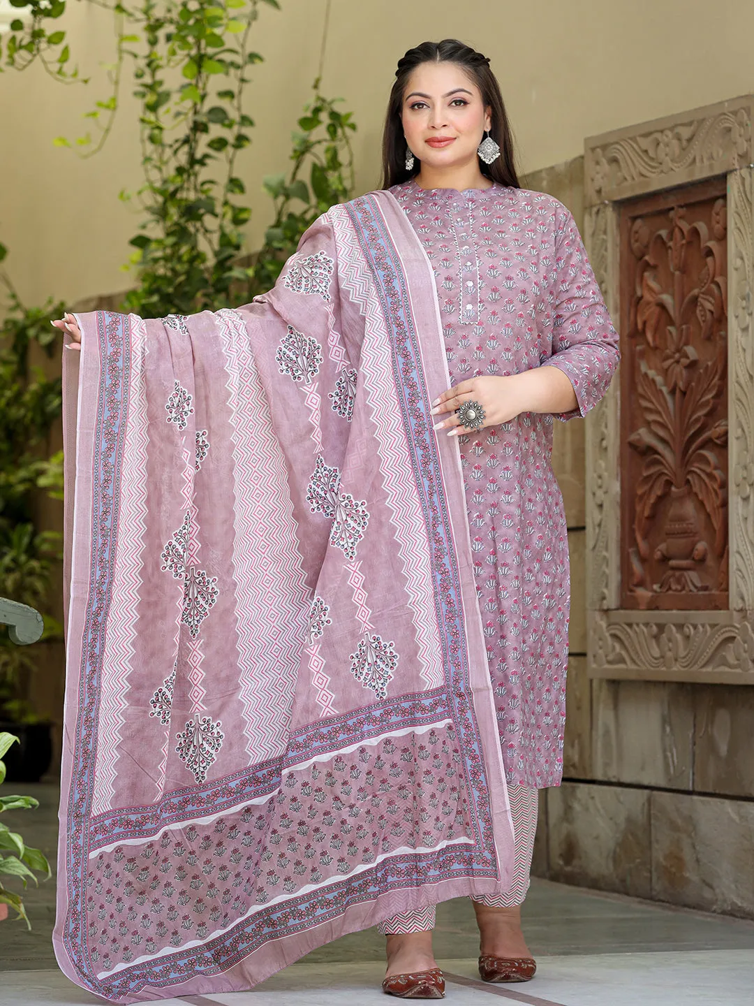 Women Plus Size Purple Cotton Kurta Set With Dupatta